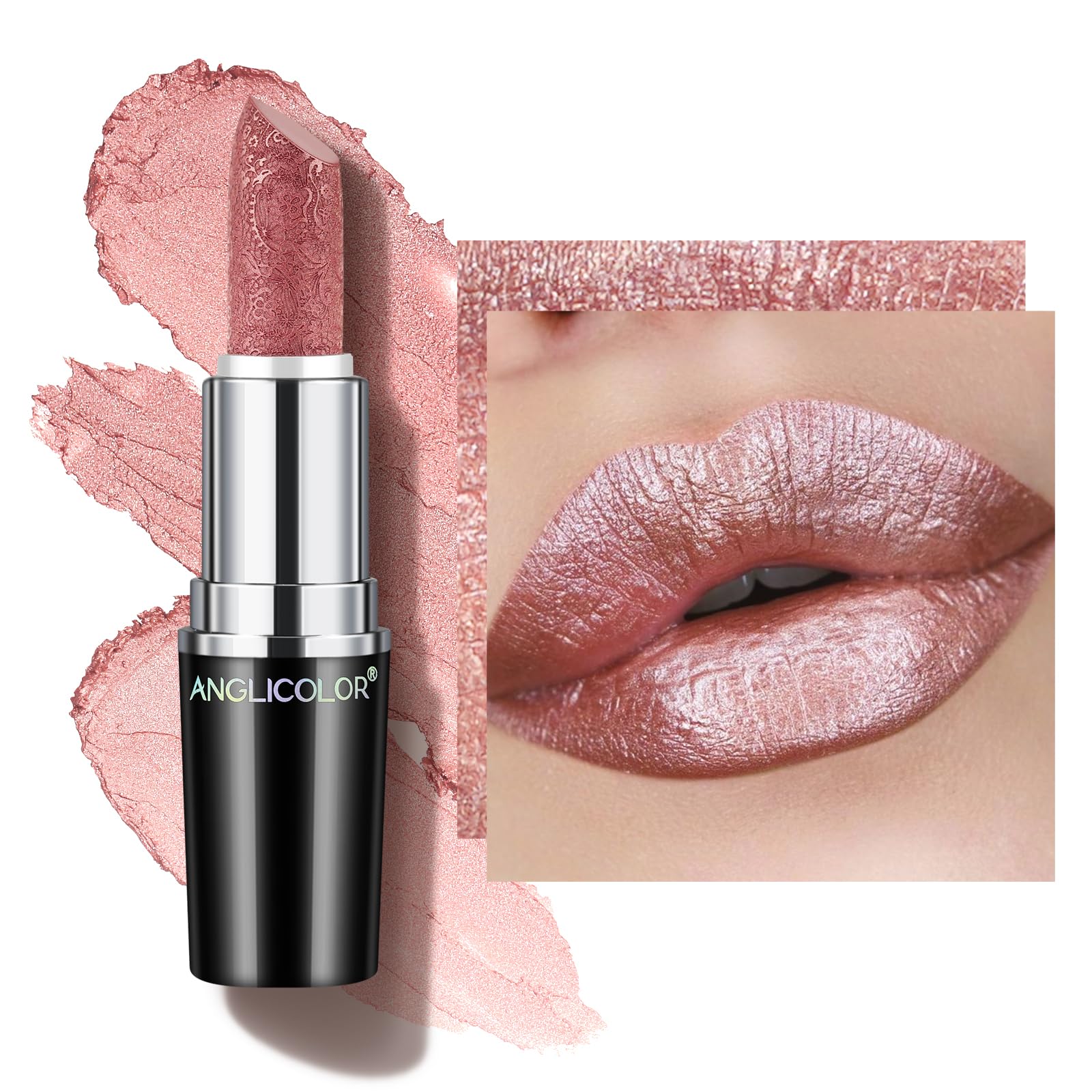 Anglicolor Glitter Metallic Nude Pink Lipstick tube featuring ornate Oriental totem design.
