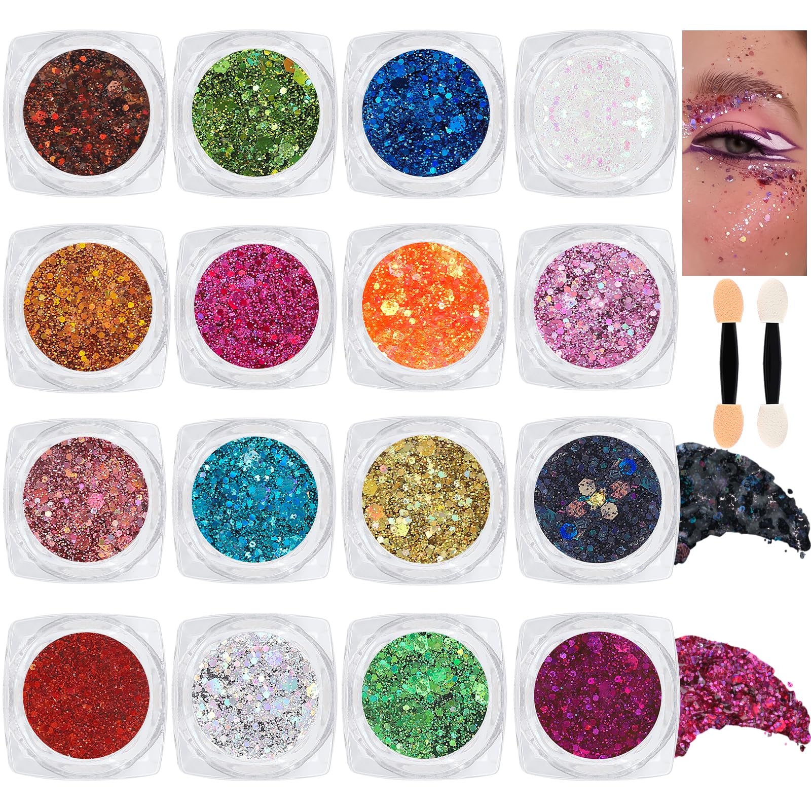 ANGXILIN gel glitter holográfico de 16 colores para cara y cuerpo, brillo duradero.