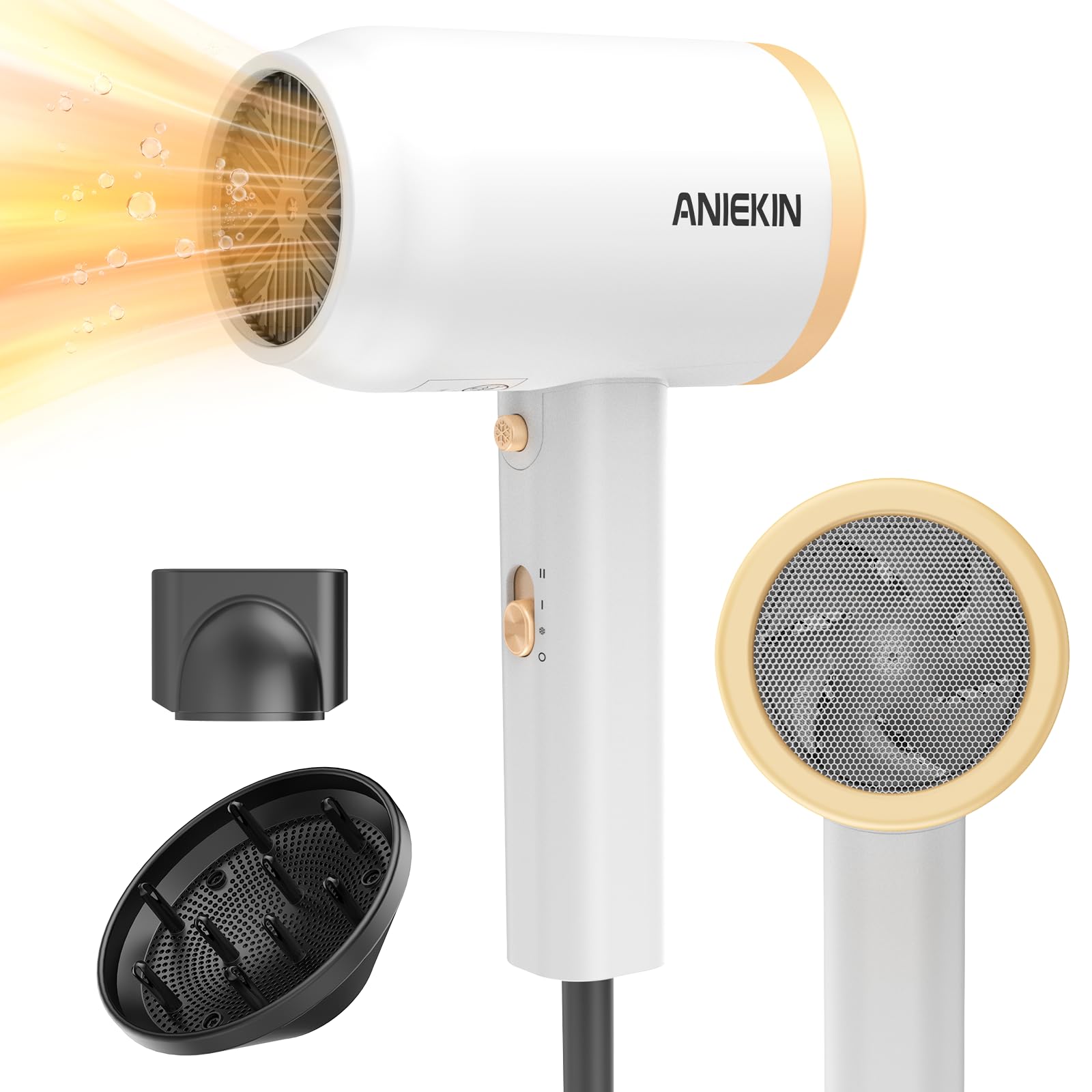 ANIEKIN hair dryer front view highlighting compact design for quick, on-the-go styling.