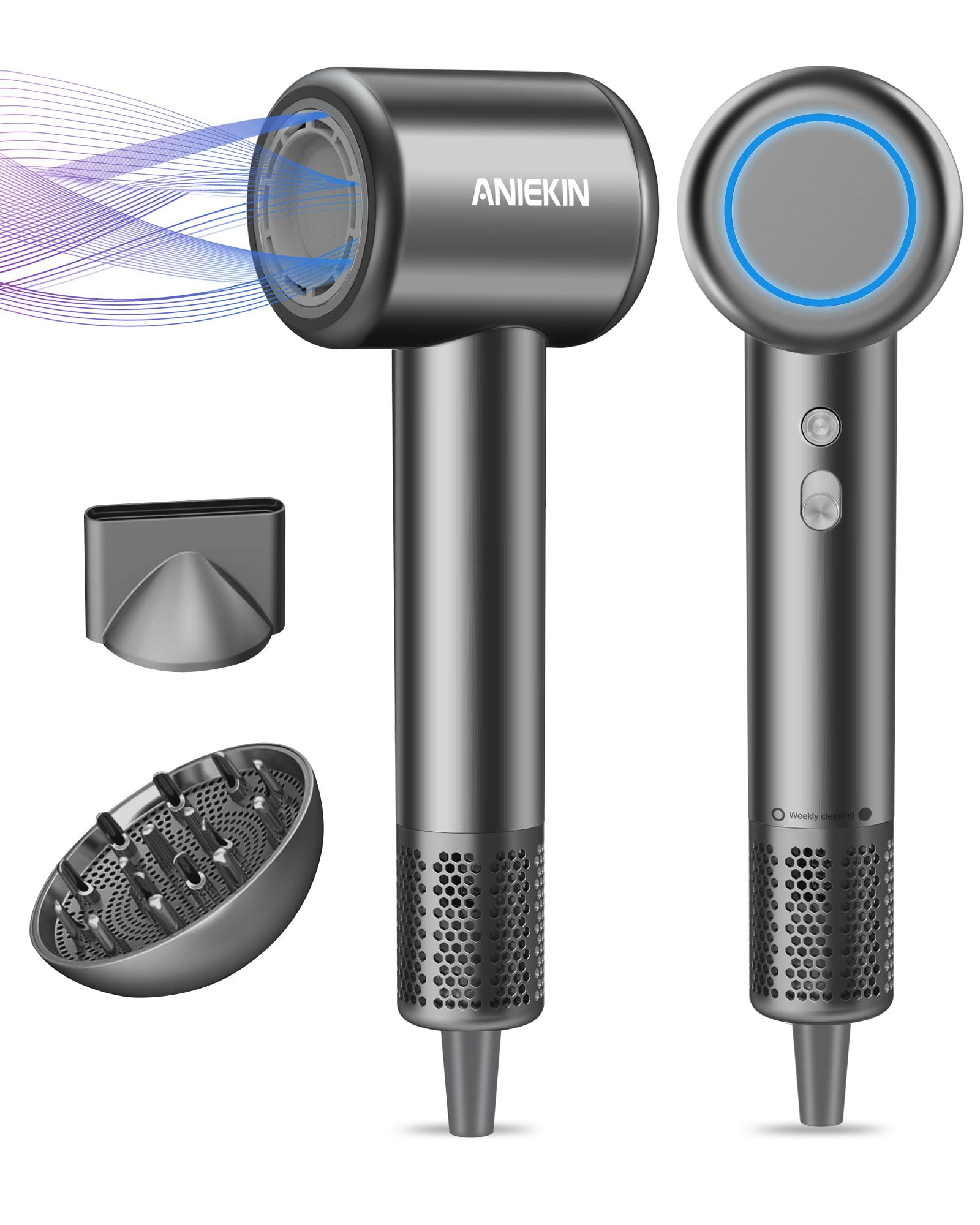ANIEKIN hair dryer front view showing compact, sleek design for home and travel use