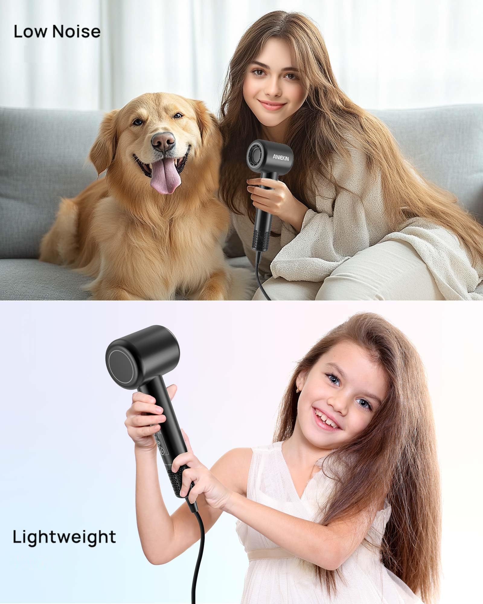 Magnetic attachments on ANIEKIN dryer for easy styling with diffuser and concentrator