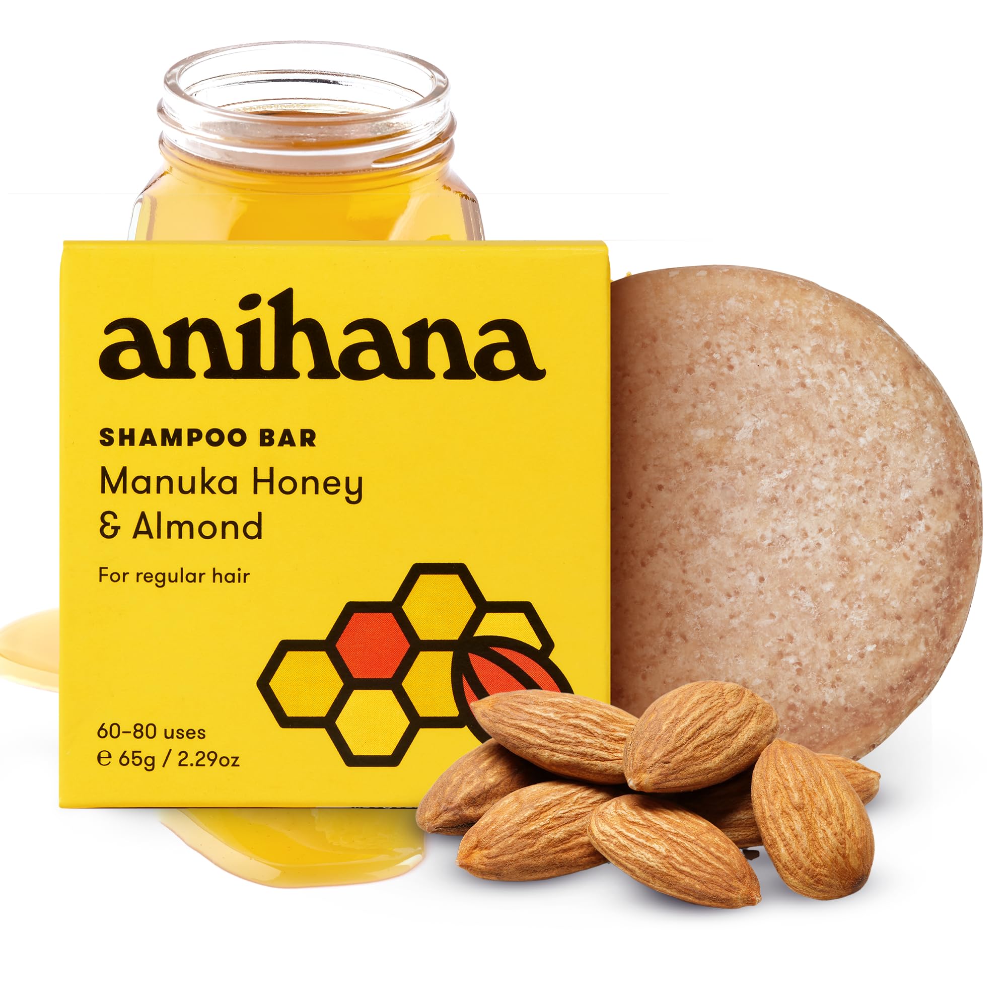 ANIHANA Shampoobar con Miel de Manuka y Almendra, envase sostenible para reducir plástico.