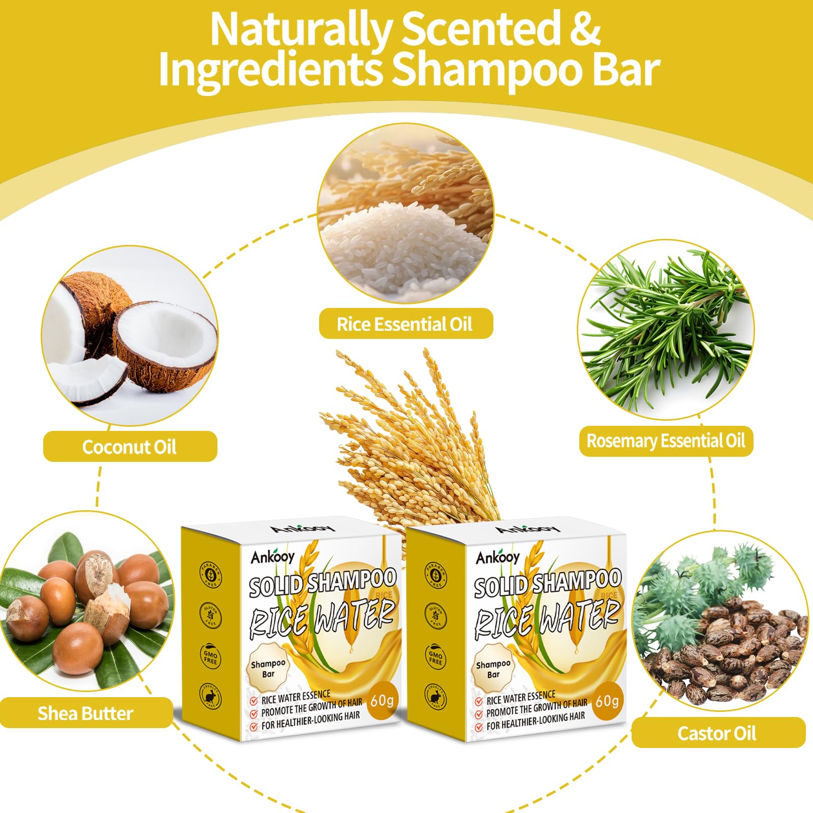 ANKOOY Rice Water Shampoo Bar ingredients include olive oil for scalp nourishment.