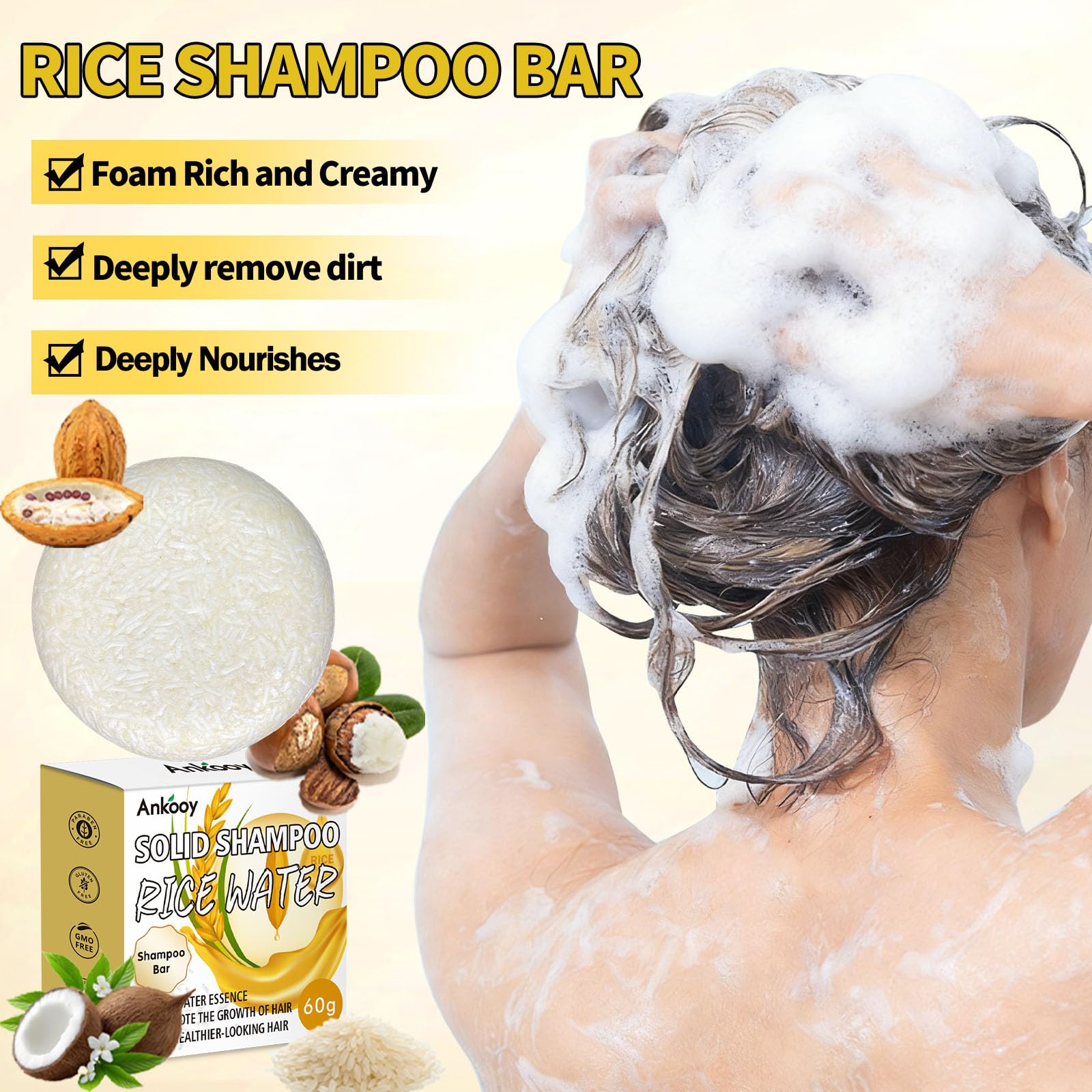 ANKOOY Rice Water Shampoo Bar delivers natural shine and smoother texture after wash.