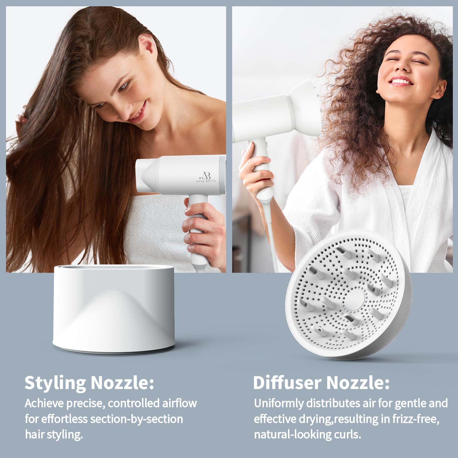 ANNE BETTY cool-shot button helps set curls and finishes.
