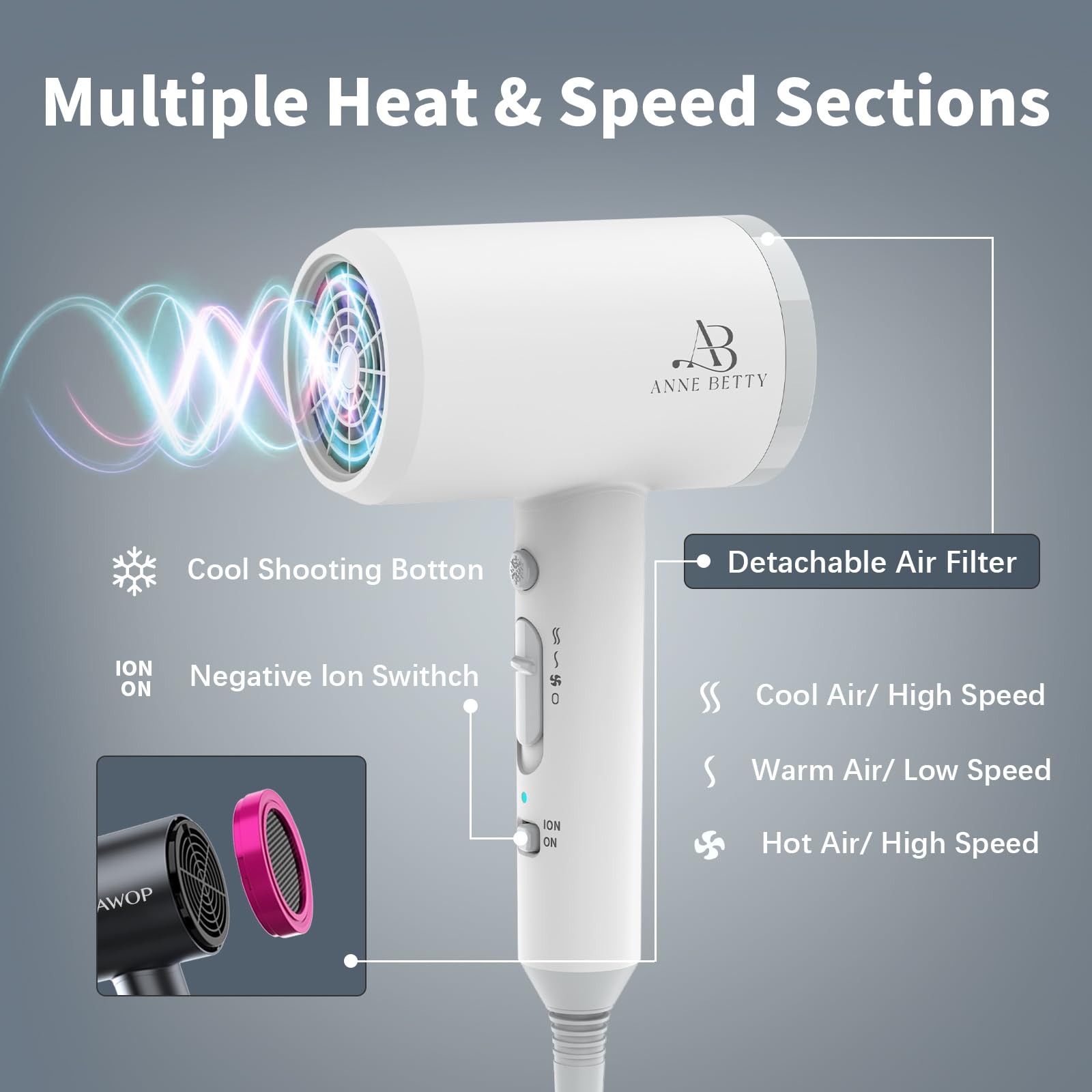 ANNE BETTY nozzle focuses airflow for precise styling and salon-grade results.