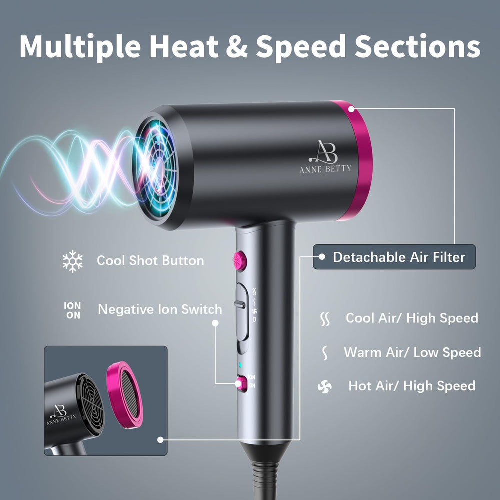ANNE BETTY Ionic Hair Dryer cool shot button locks in style