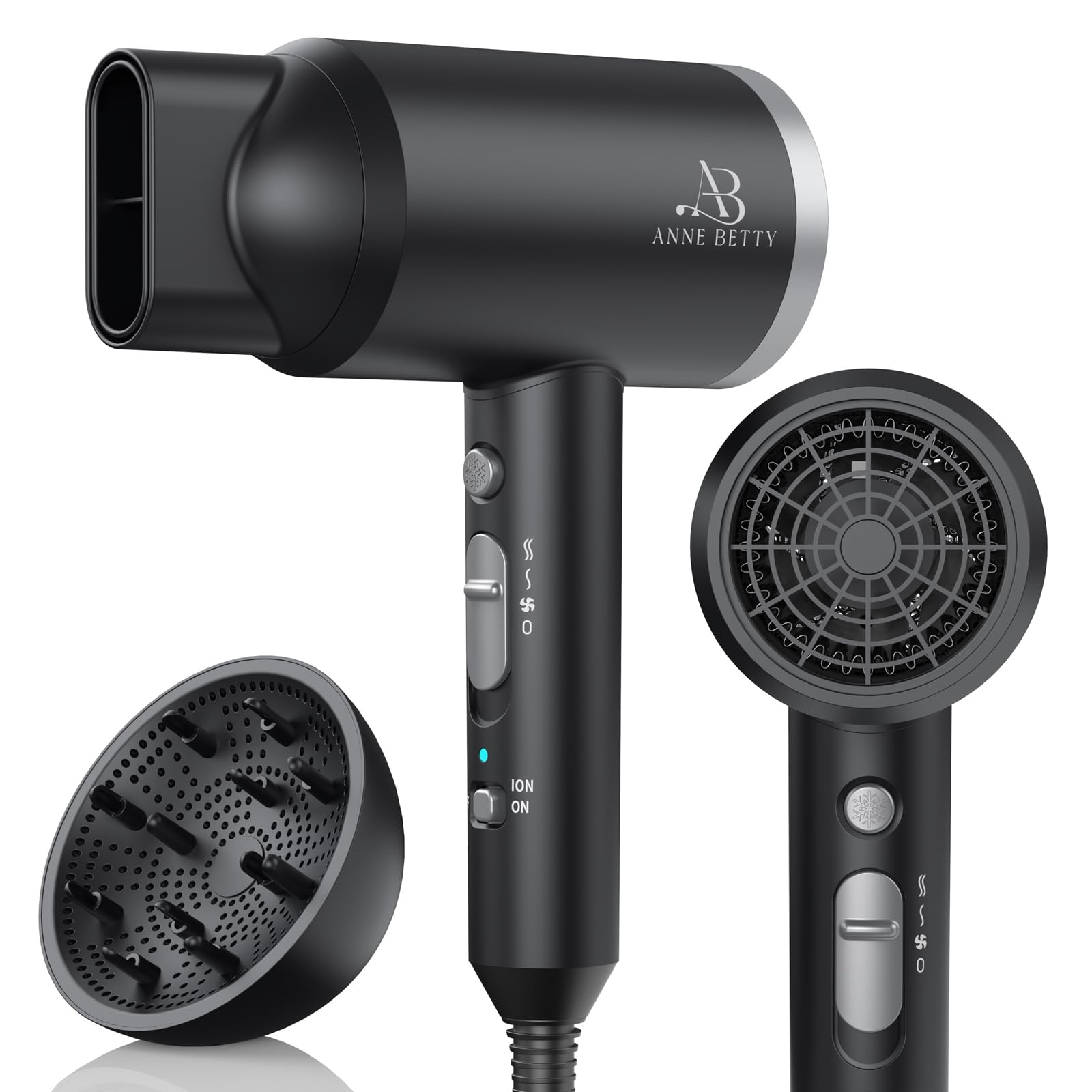ANNE BETTY Ionic Hair Dryer with Diffuser shown, defining waves and minimizing frizz.