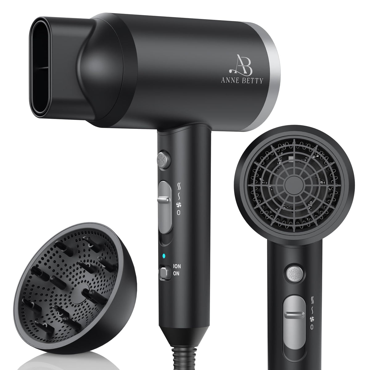 ANNE BETTY Ionic Hair Dryer with Diffuser shown, defining waves and minimizing frizz.