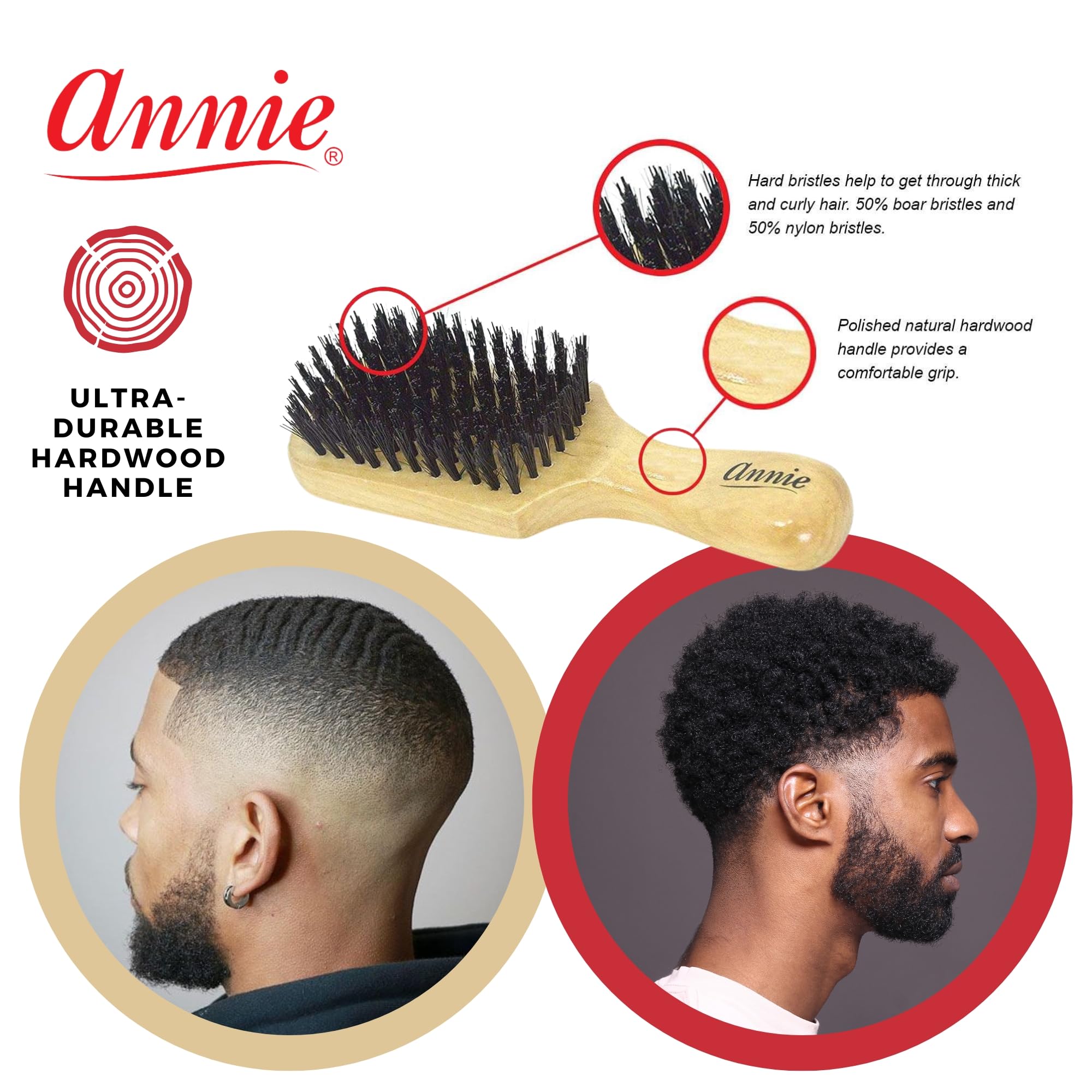 Annie boar-bristle brush close-up demonstrates detangling action for various hair textures.