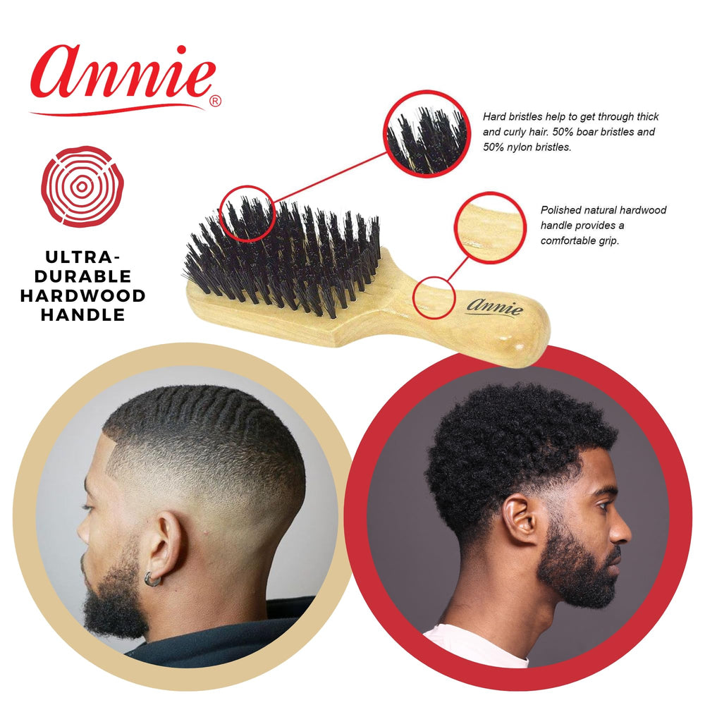 Annie boar-bristle brush close-up demonstrates detangling action for various hair textures.