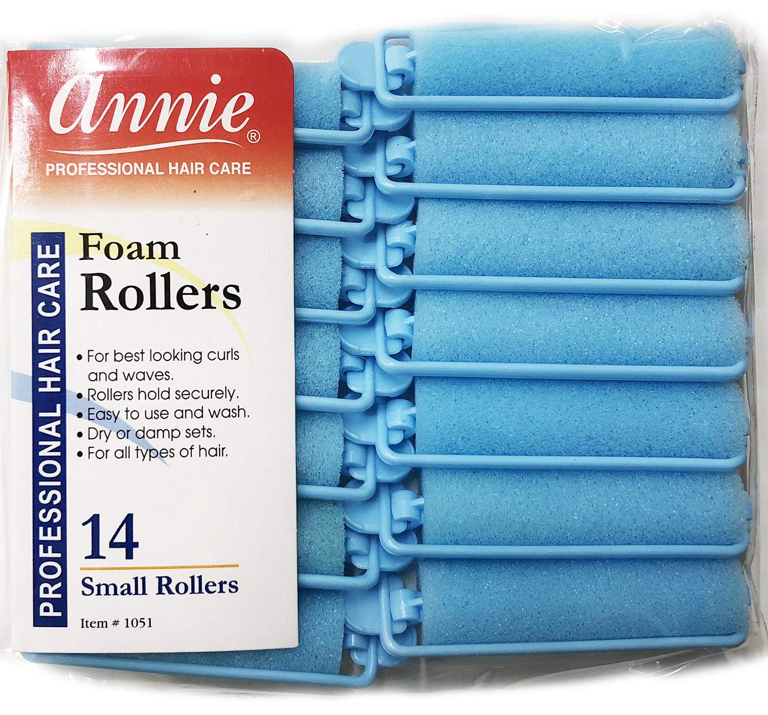 Closeup of blue Annie rollers showing soft foam texture for overnight styling