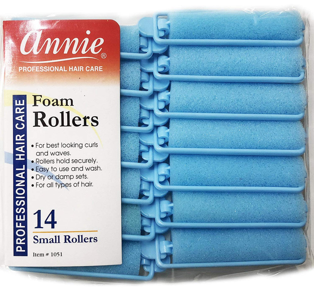 Closeup of blue Annie rollers showing soft foam texture for overnight styling