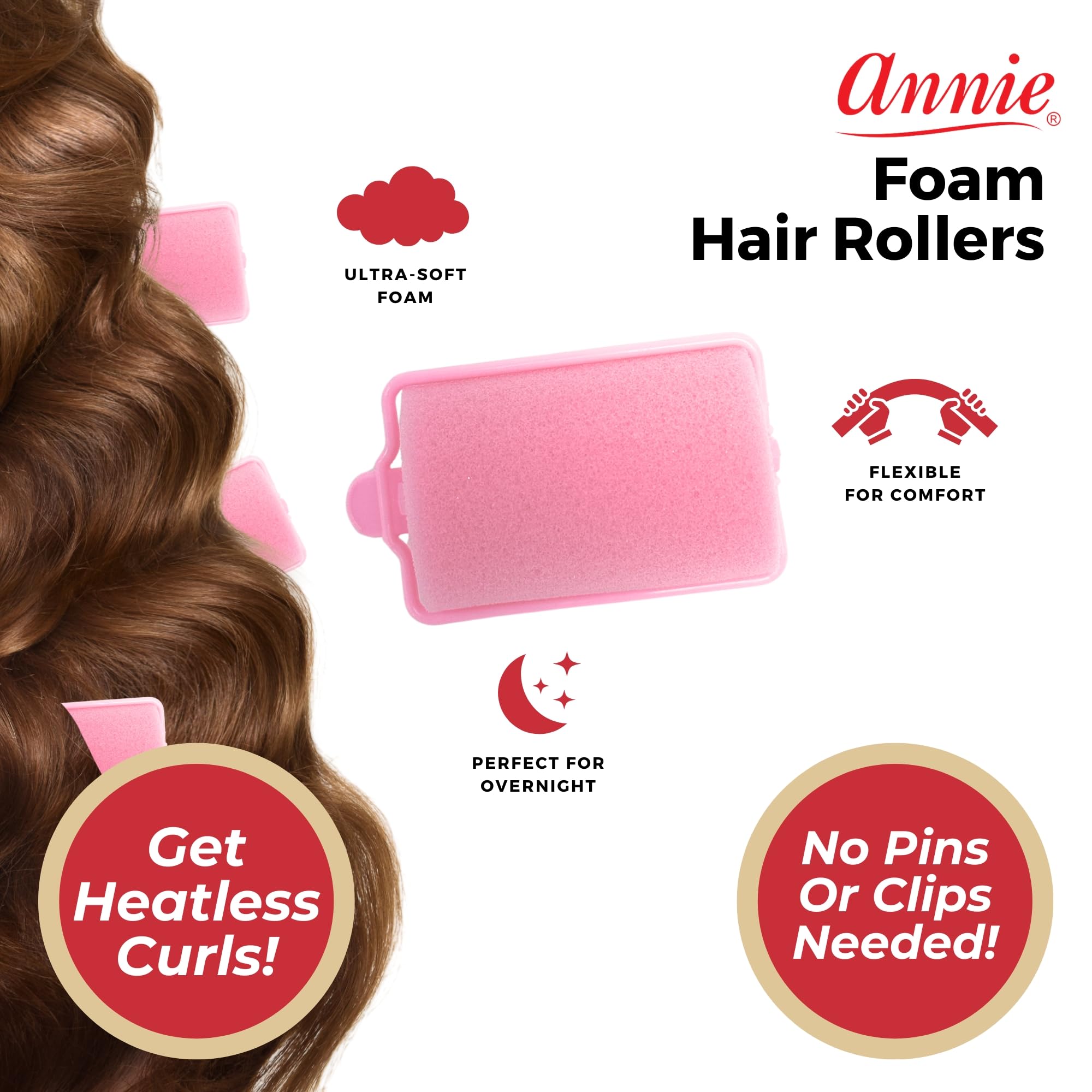 Annie Jumbo Foam Hair Roller pink closeup highlights soft material for comfortable overnight use.