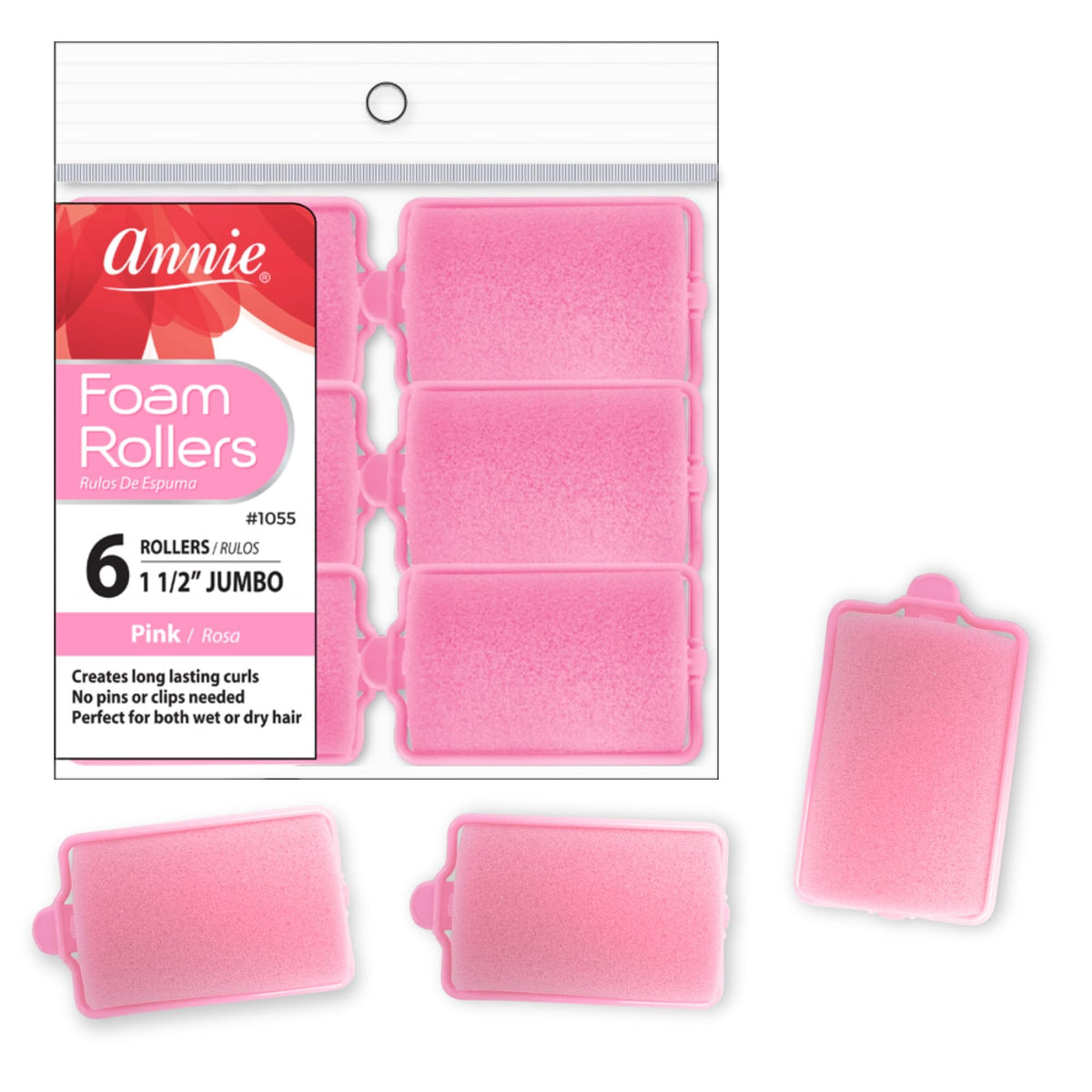 Annie Jumbo Foam Hair Rollers pink pack for effortless heatless styling and added volume.