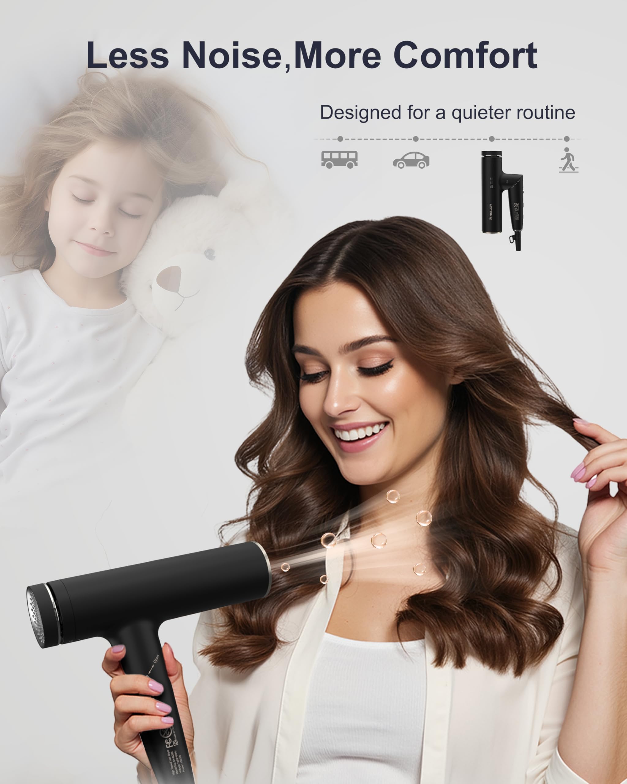 ANNLARY Hair Dryer features a 6.5 ft cord for flexible use at home or on the road.