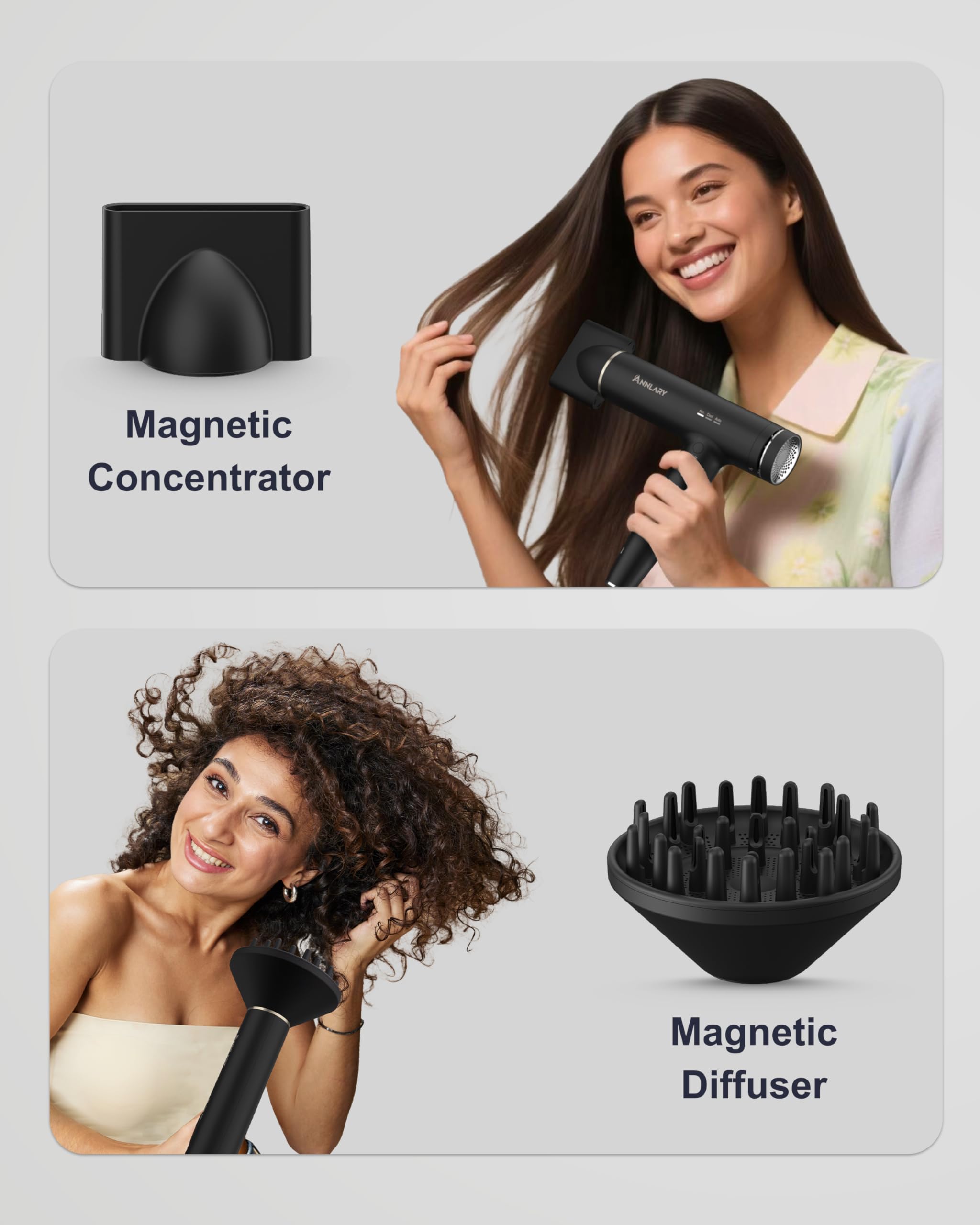 ANNLARY Hair Dryer highlights cool shot and auto cycling features for gentle styling.