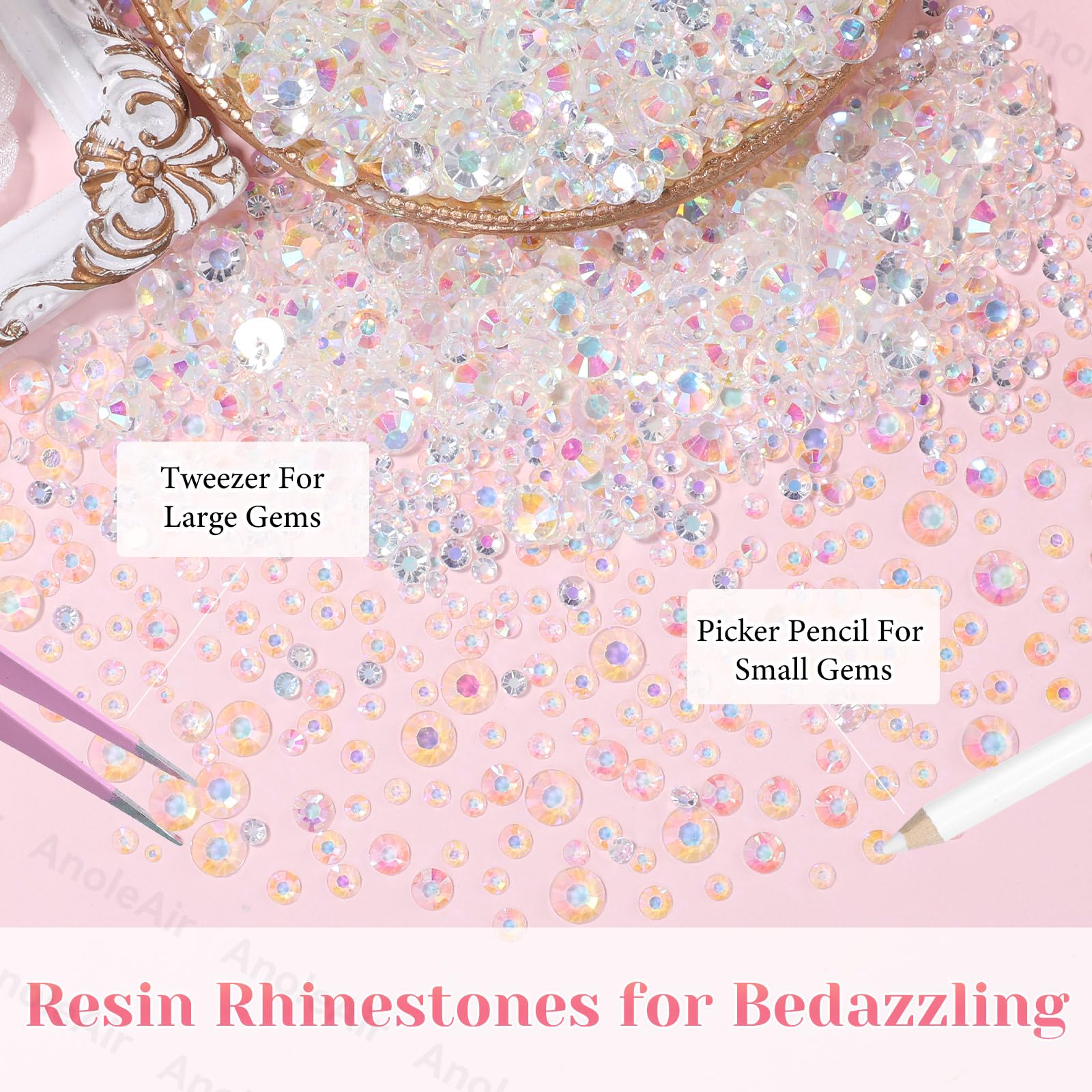 AnoleAir jelly rhinestones in 2-6mm sizes for detailed designs.