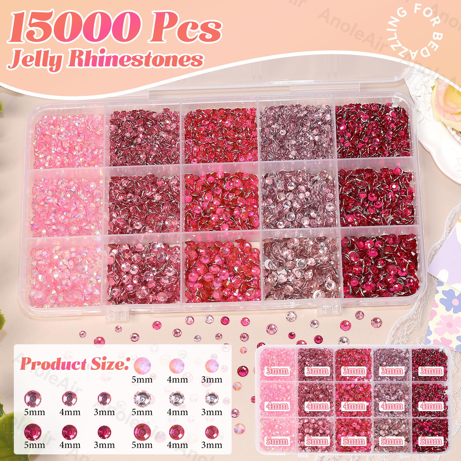 AnoleAir piedras rosadas con base plana, 3-5 mm, brillo elegante para proyectos decorativos.