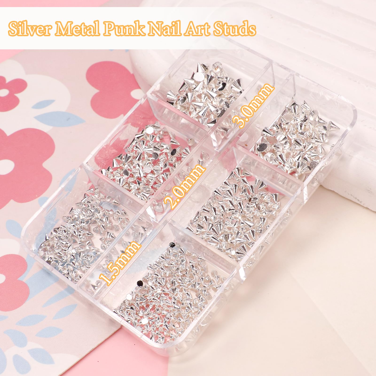 Anower silver nail studs cone, 3D cone spikes for stylish nail decoration