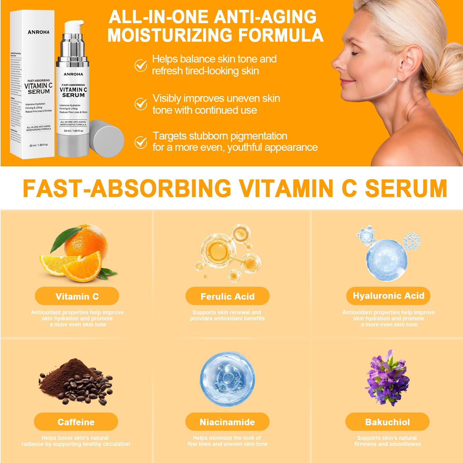 Anroha Vitamina C Serum, aplicación facial suave para piel madura.