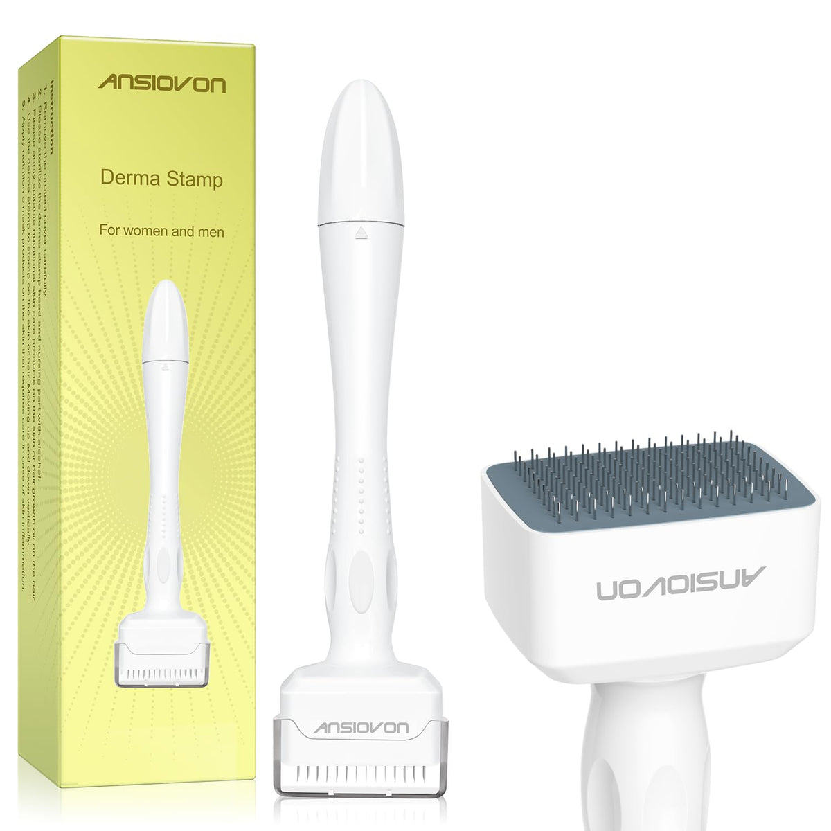 ANSIOVON Derma Stamp used on the face for smoother skin texture.