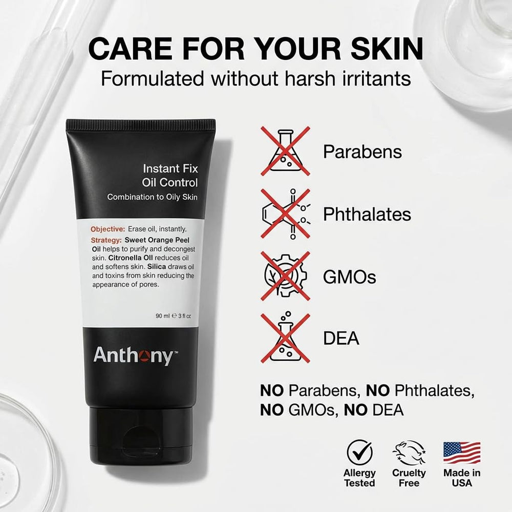 Anthony Instant Fix Oil Control bottle featuring orange peel extract unclogs pores.