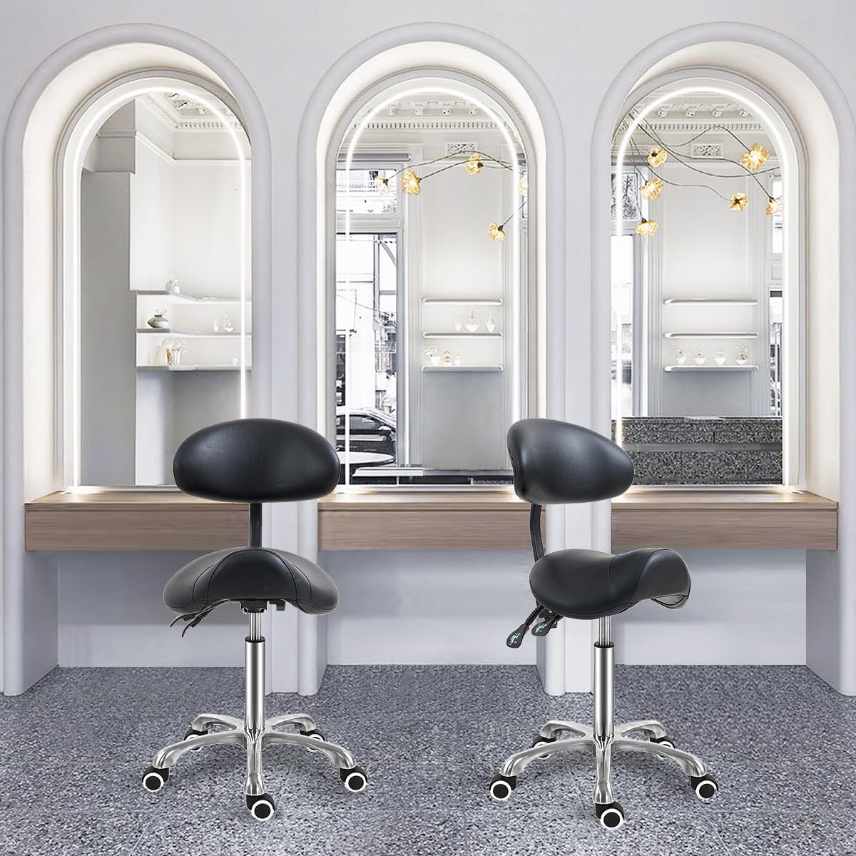 Antlu ergonomic saddle chair design enhances comfort for esthetician tasks.