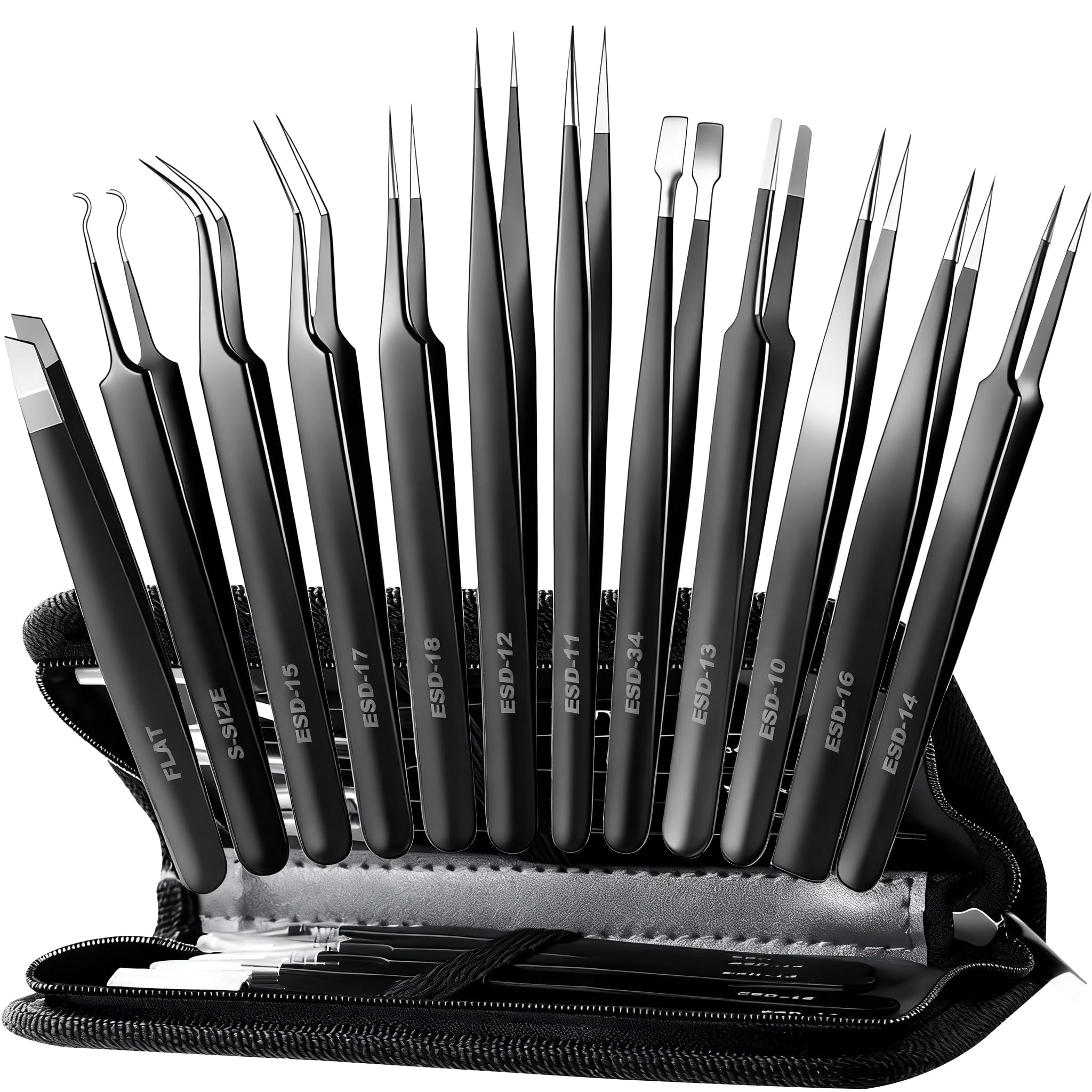 Antonki 12-pack precision tweezers set with case for electronics repair and crafting tasks.