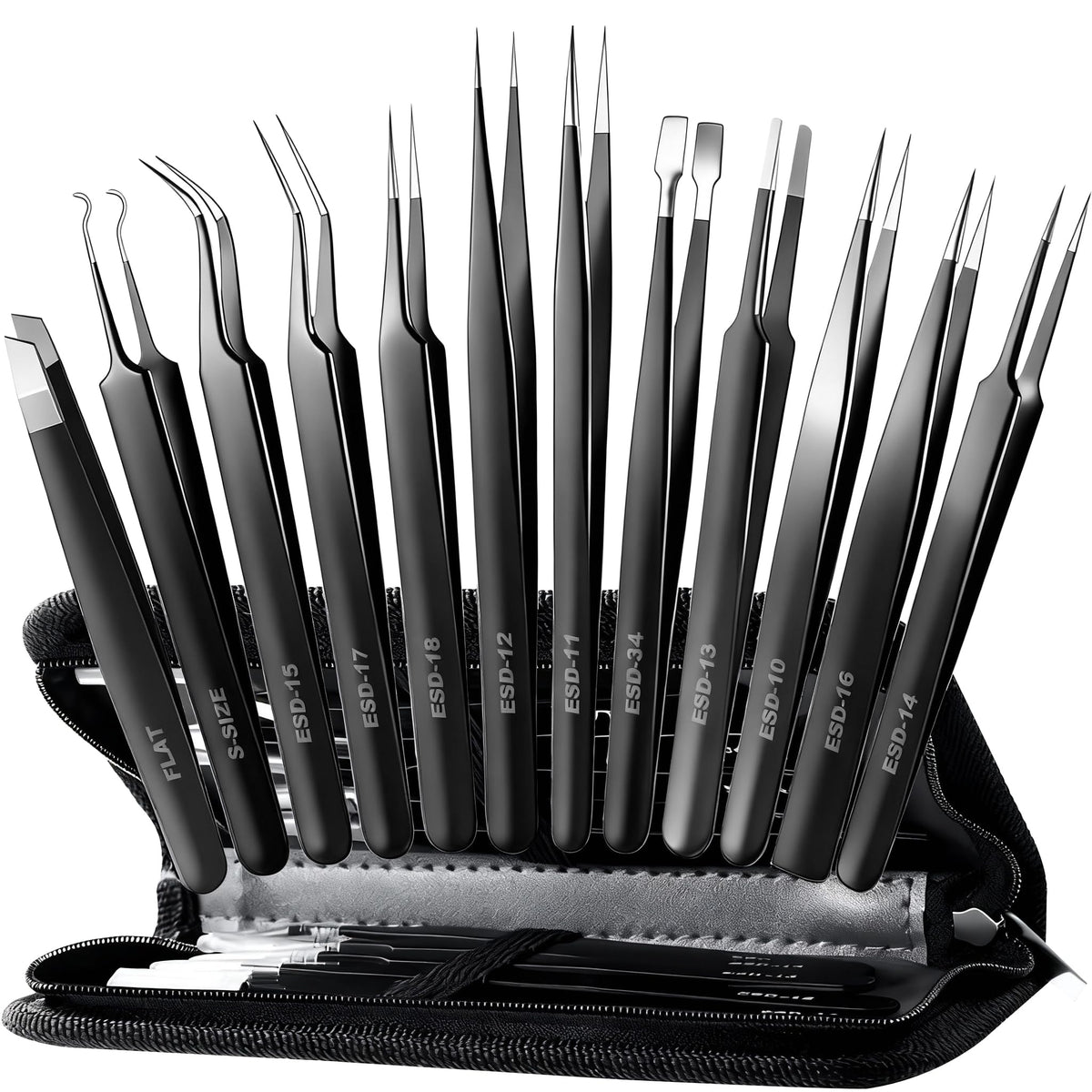 Antonki 12-pack precision tweezers set with case for electronics repair and crafting tasks.