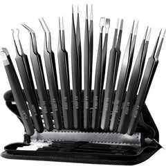 Antonki 12-pack precision tweezers set with case for electronics repair and crafting tasks.