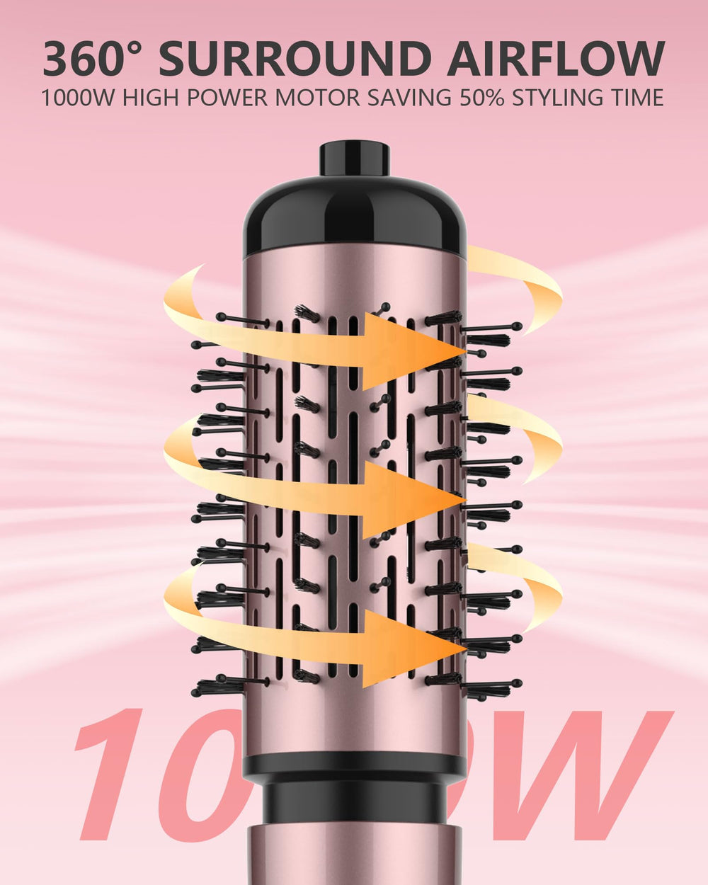 ANWA rotating hair dryer brush with two interchangeable heads for multiple looks.