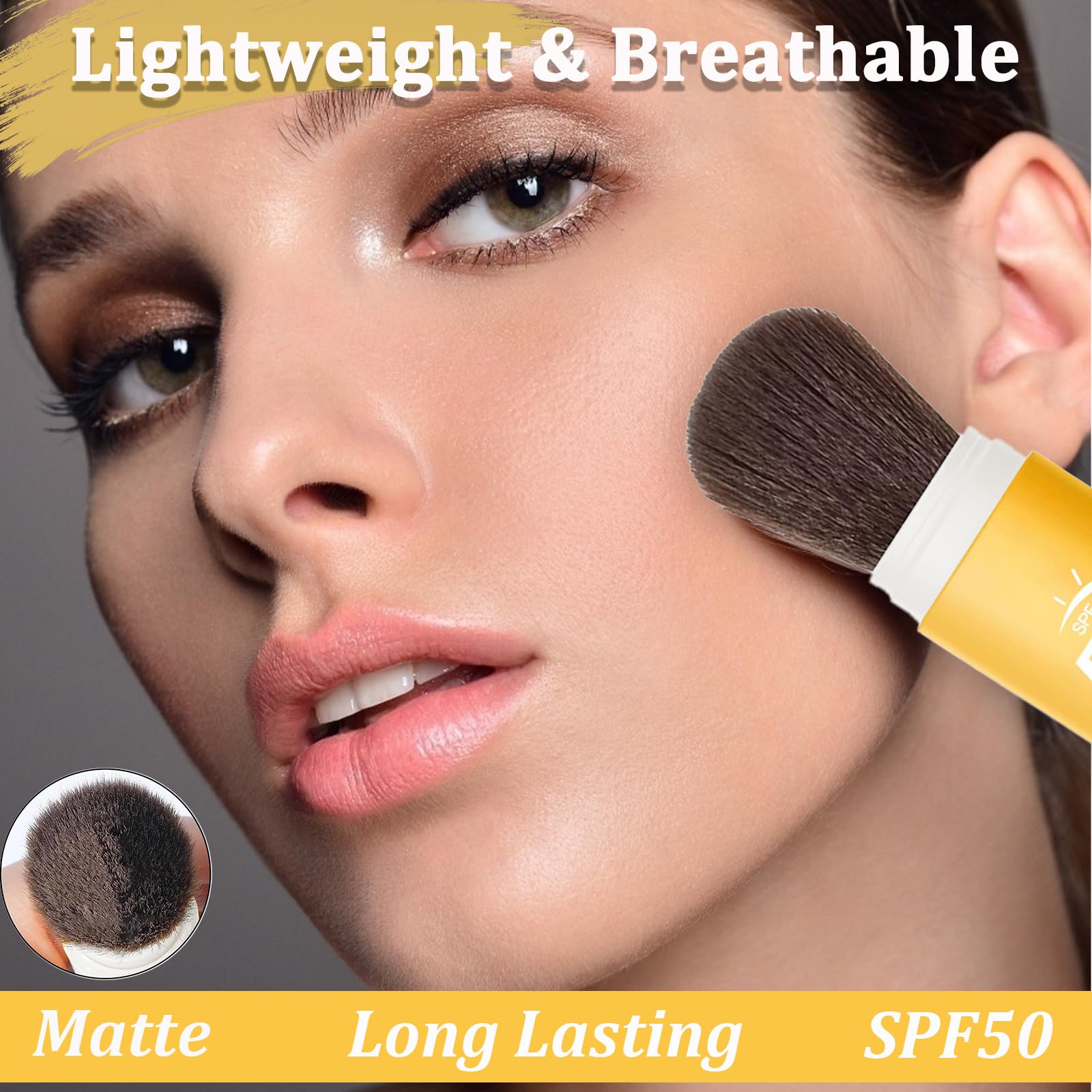 Anweina sunscreen powder applied with brush for precise touch-ups.