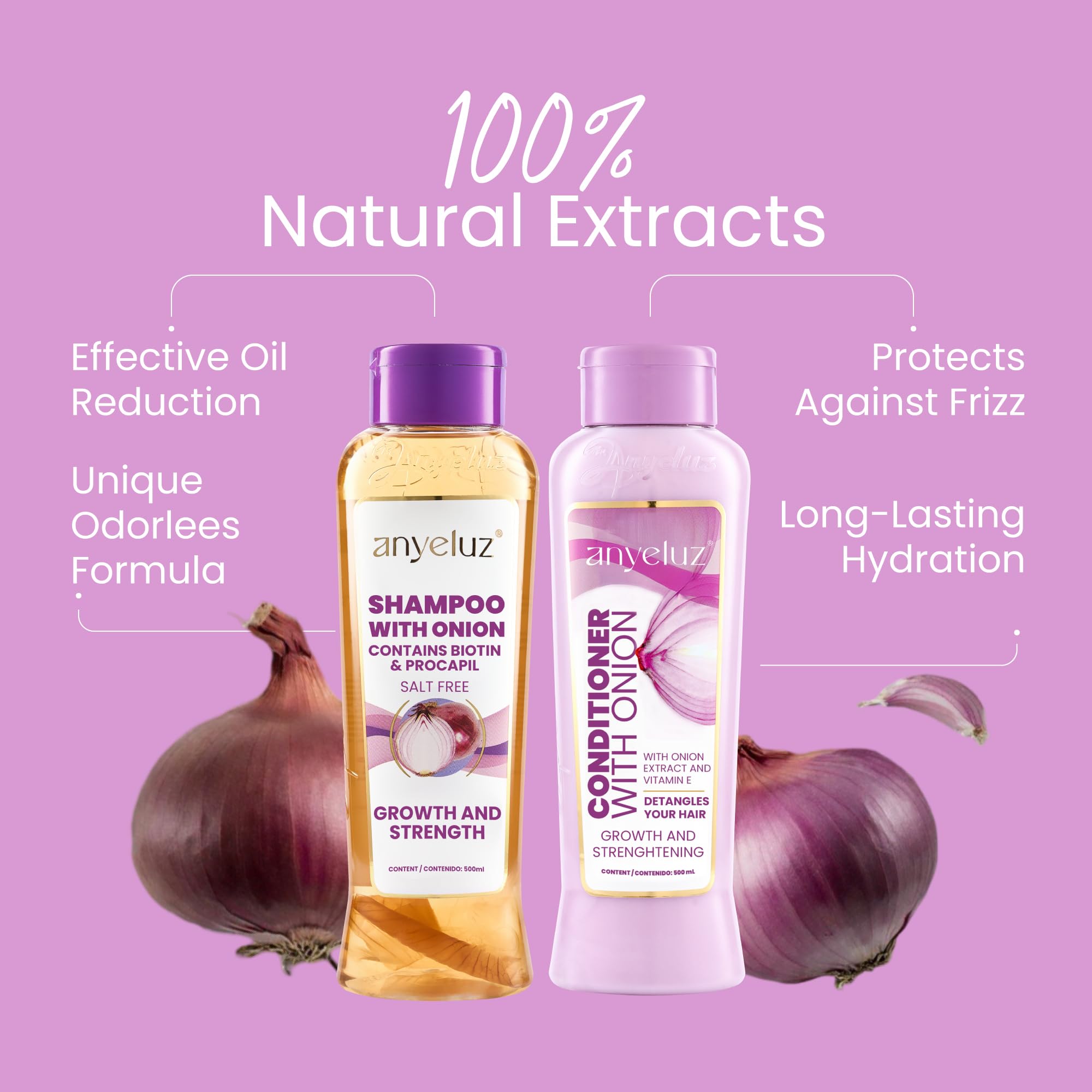 ANYELUZ onion conditioner bottle close-up showing detangling softness.