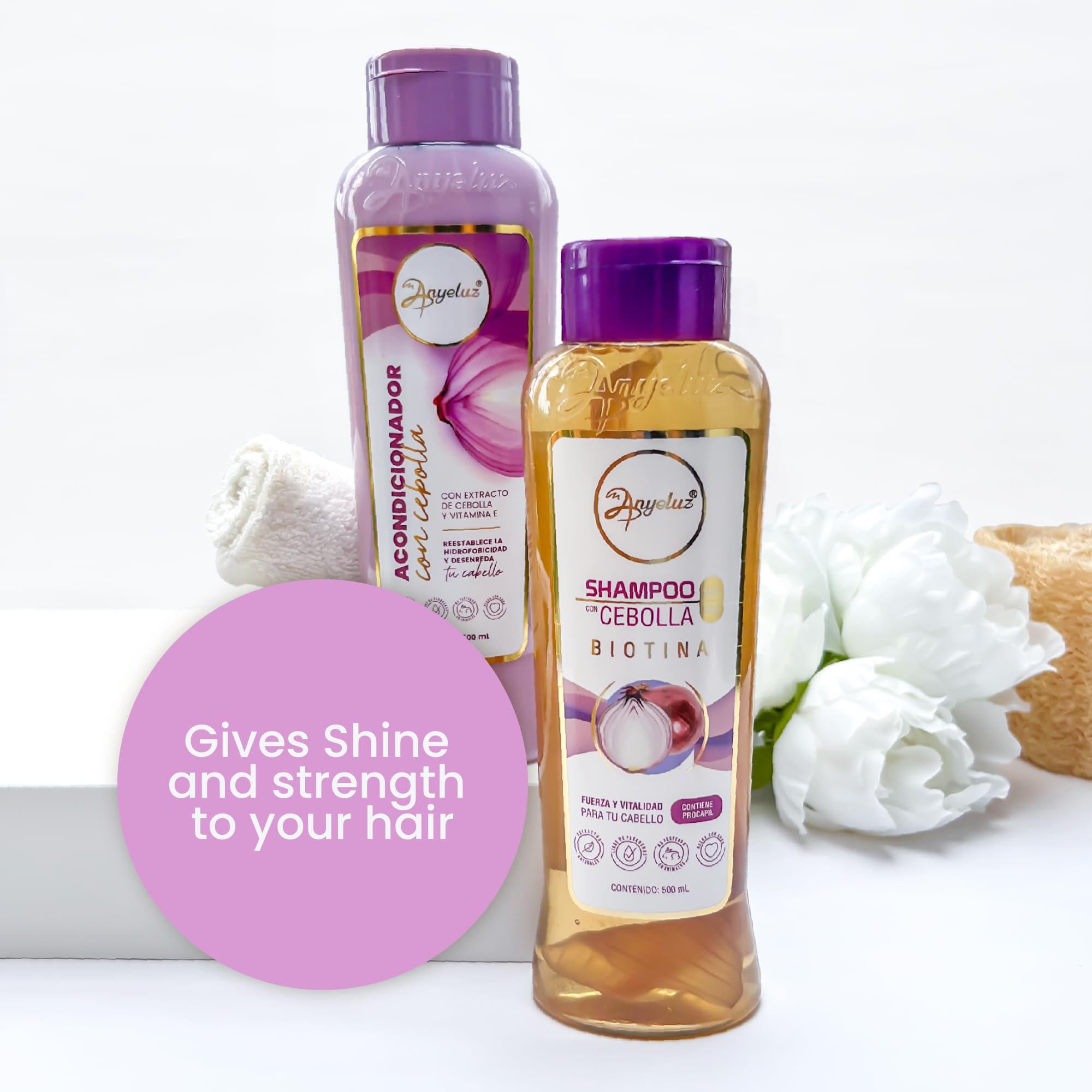 ANYELUZ stacked shampoo and conditioner illustrate cohesive hair care.