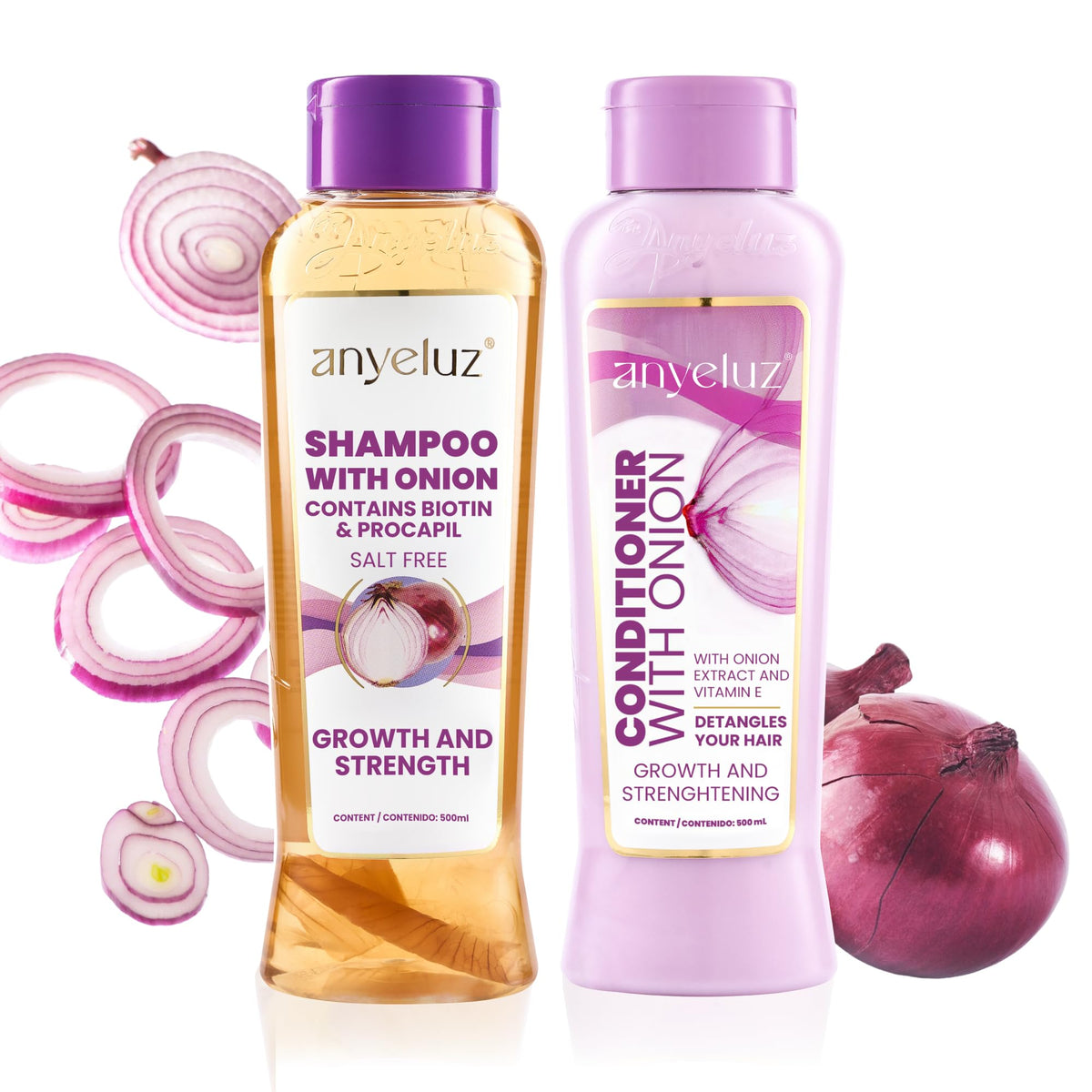 ANYELUZ onion shampoo bottle close-up with natural onion infusion for revitalized scalp.