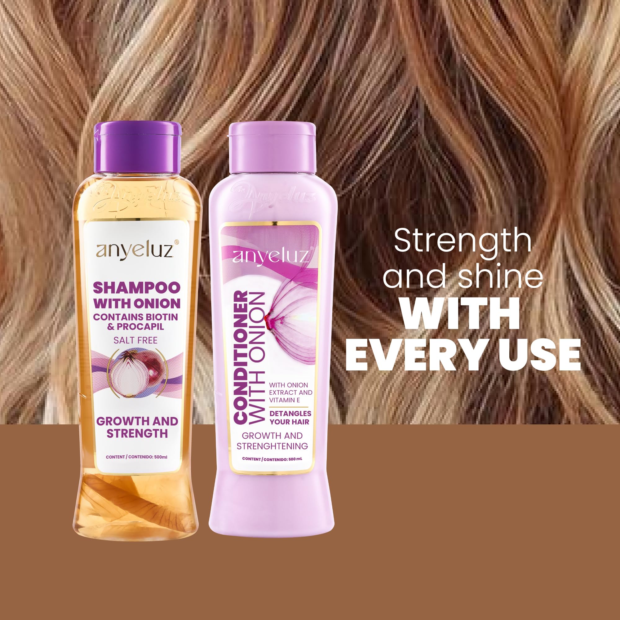 ANYELUZ onion shampoo bottle close-up highlighting gentle cleansing.