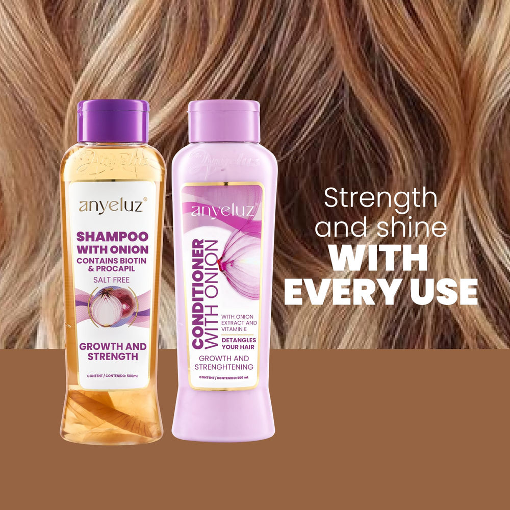 ANYELUZ onion shampoo bottle close-up highlighting gentle cleansing.