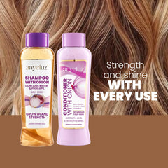 ANYELUZ onion shampoo bottle close-up highlighting gentle cleansing.
