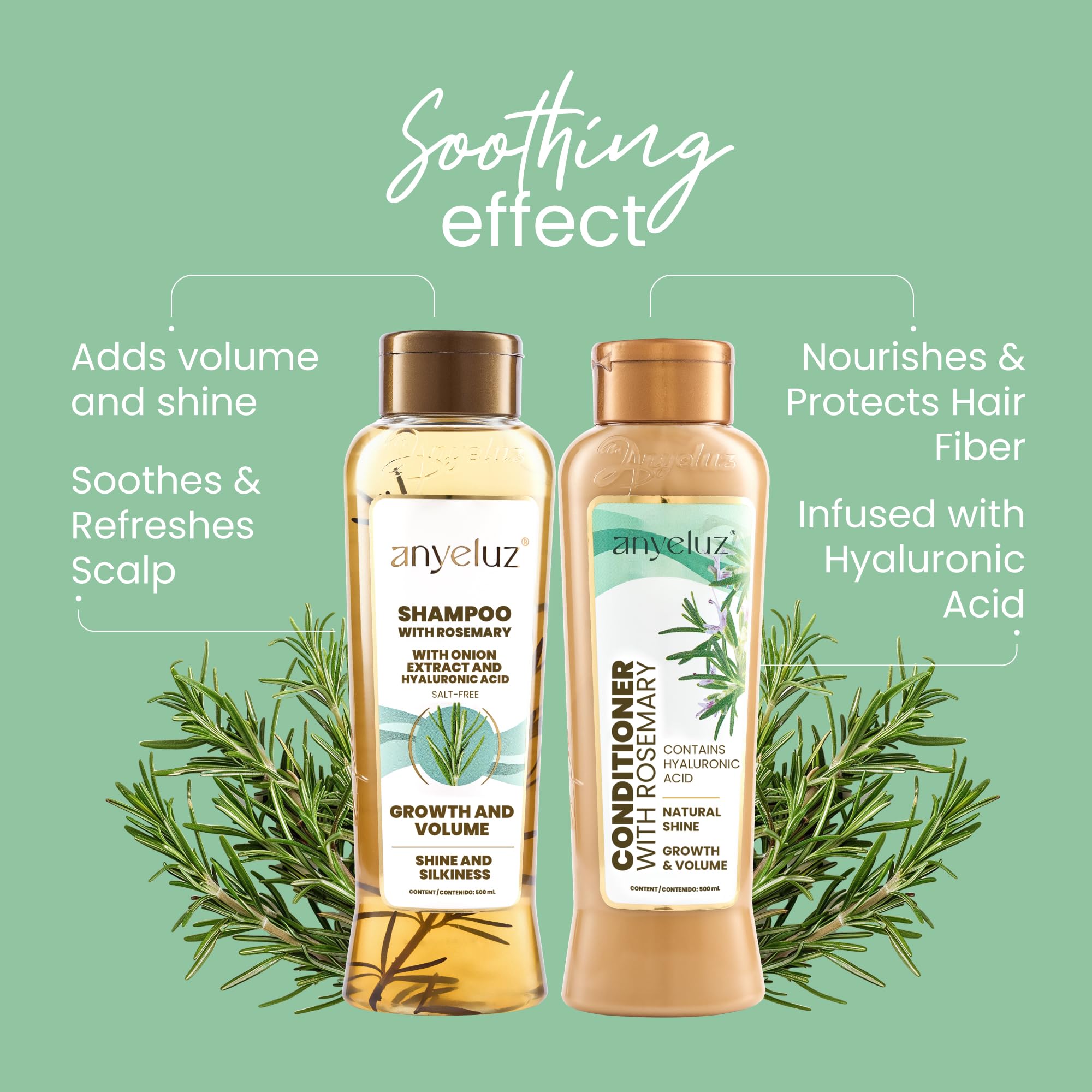 ANYELUZ rosemary shampoo label close-up highlights natural ingredients for daily care.