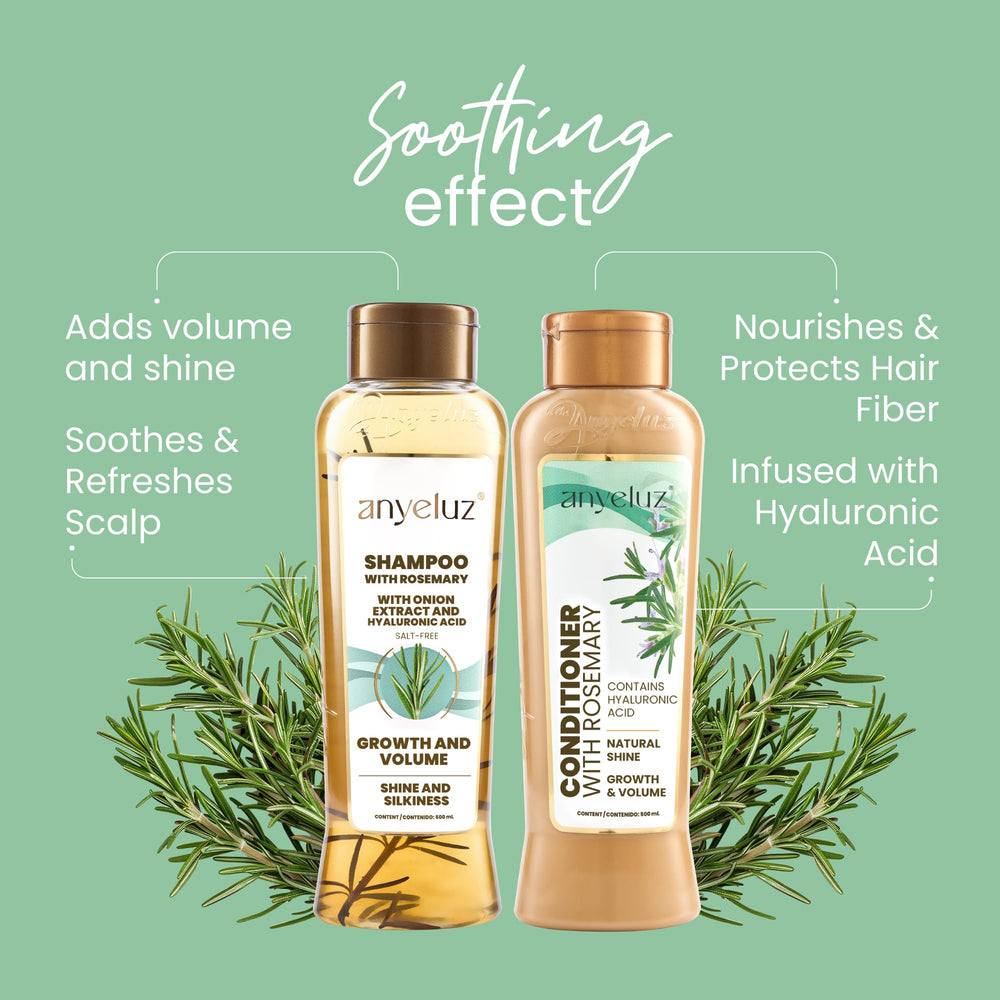 ANYELUZ rosemary shampoo label close-up highlights natural ingredients for daily care.
