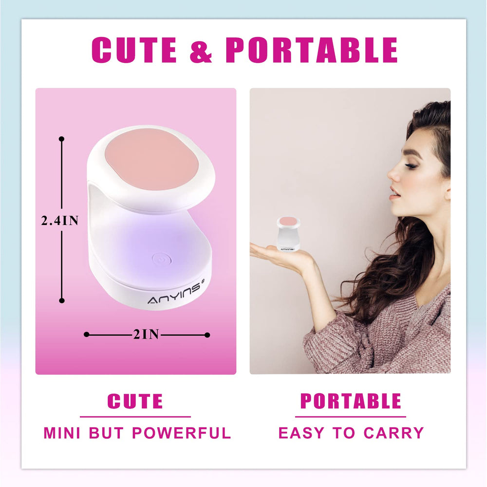 ANYINS Mini UV Light compatible with gel polishes and varying nail lengths.