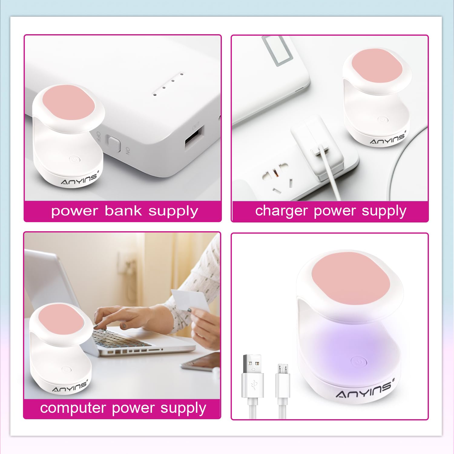ANYINS Mini UV Light USB-powered setup enables on-the-go nail art sessions.