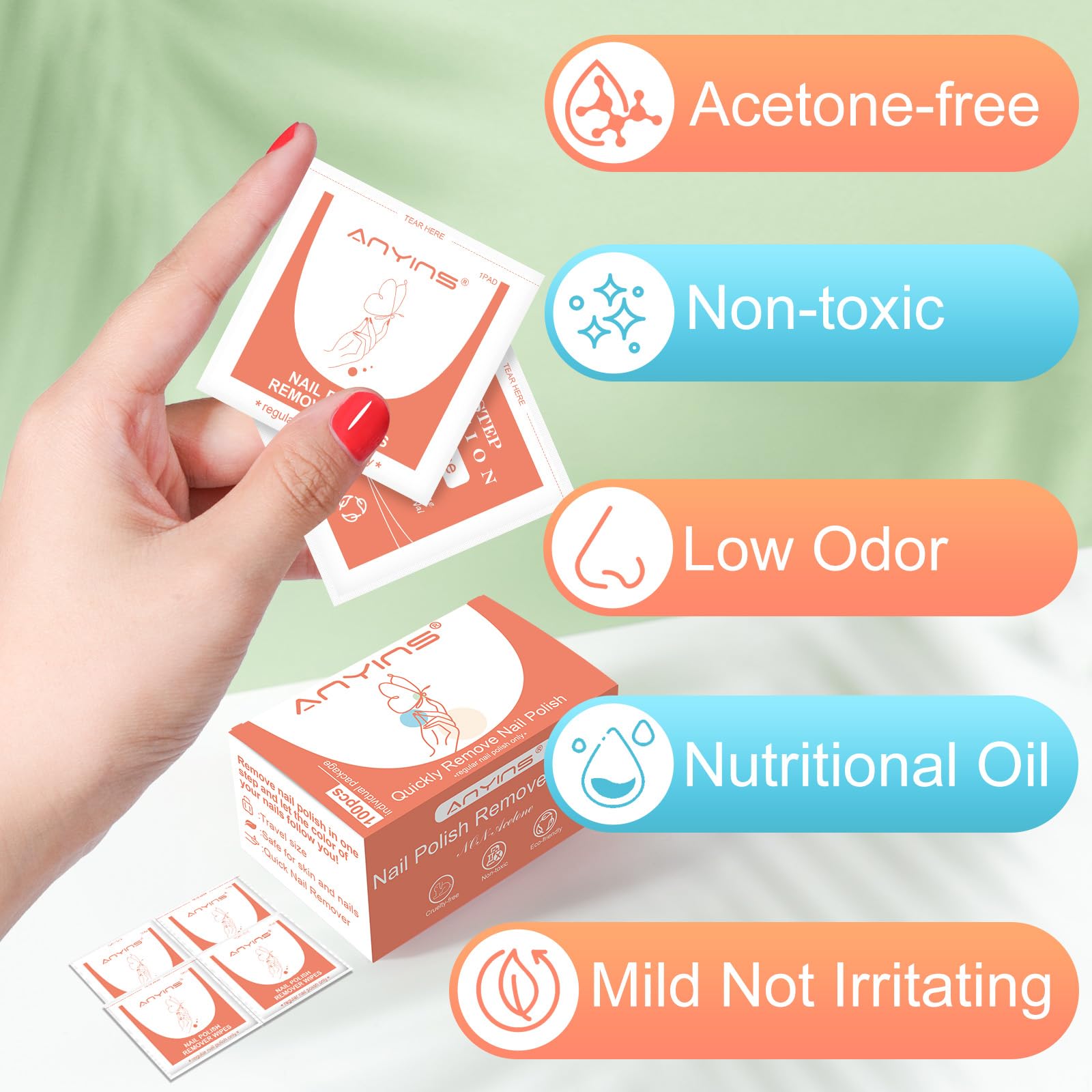 Individually wrapped ANYINS pad packets emphasize hygiene and portability.