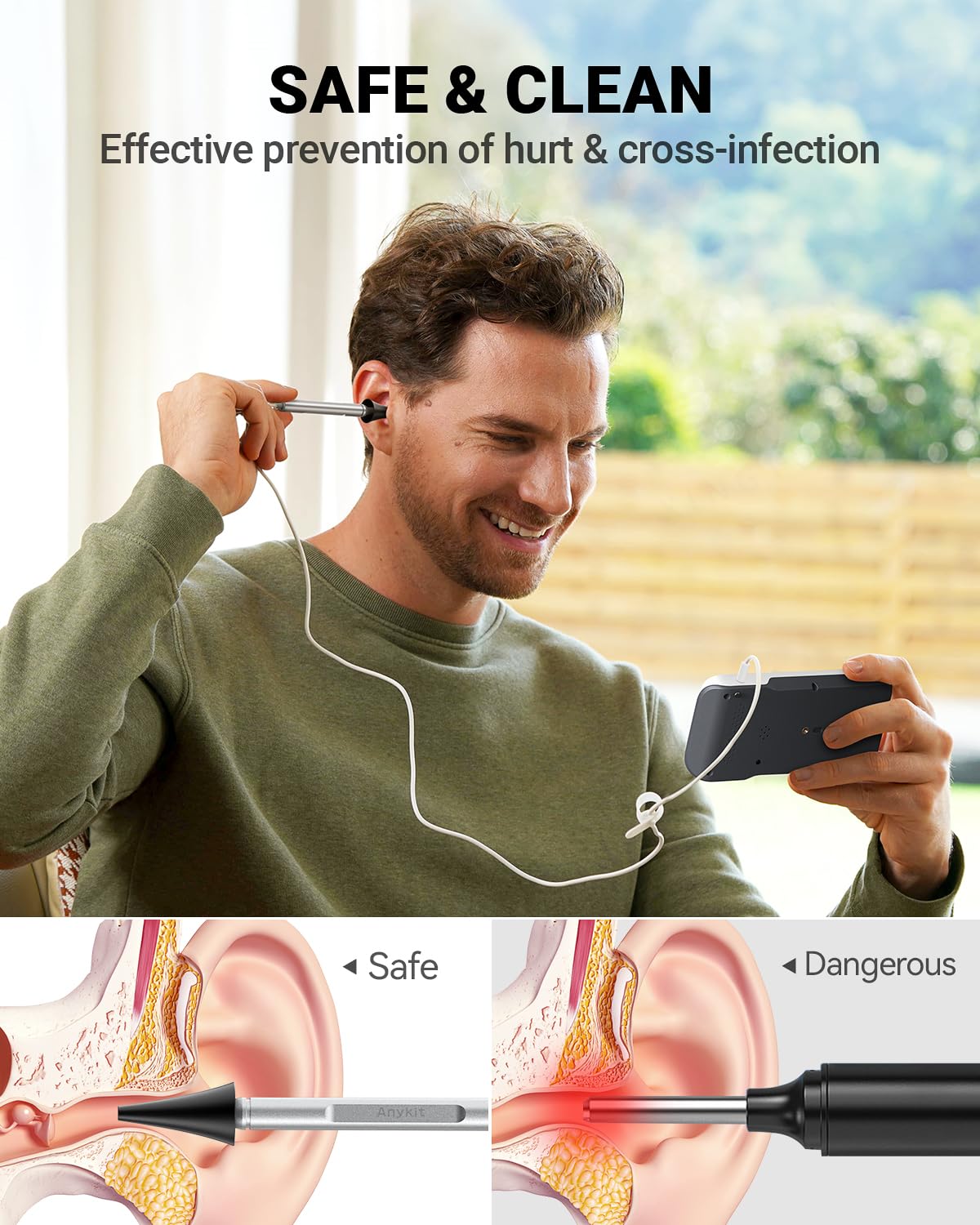 Anykit detachable bracket provides stable setup for ear inspections at home.