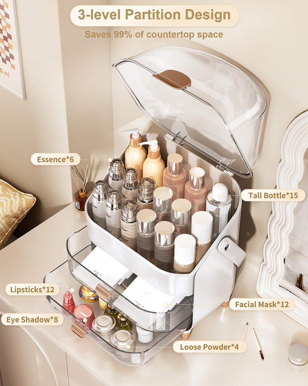 Anylady cosmetics display rose gold presents items while adding elegant organization.
