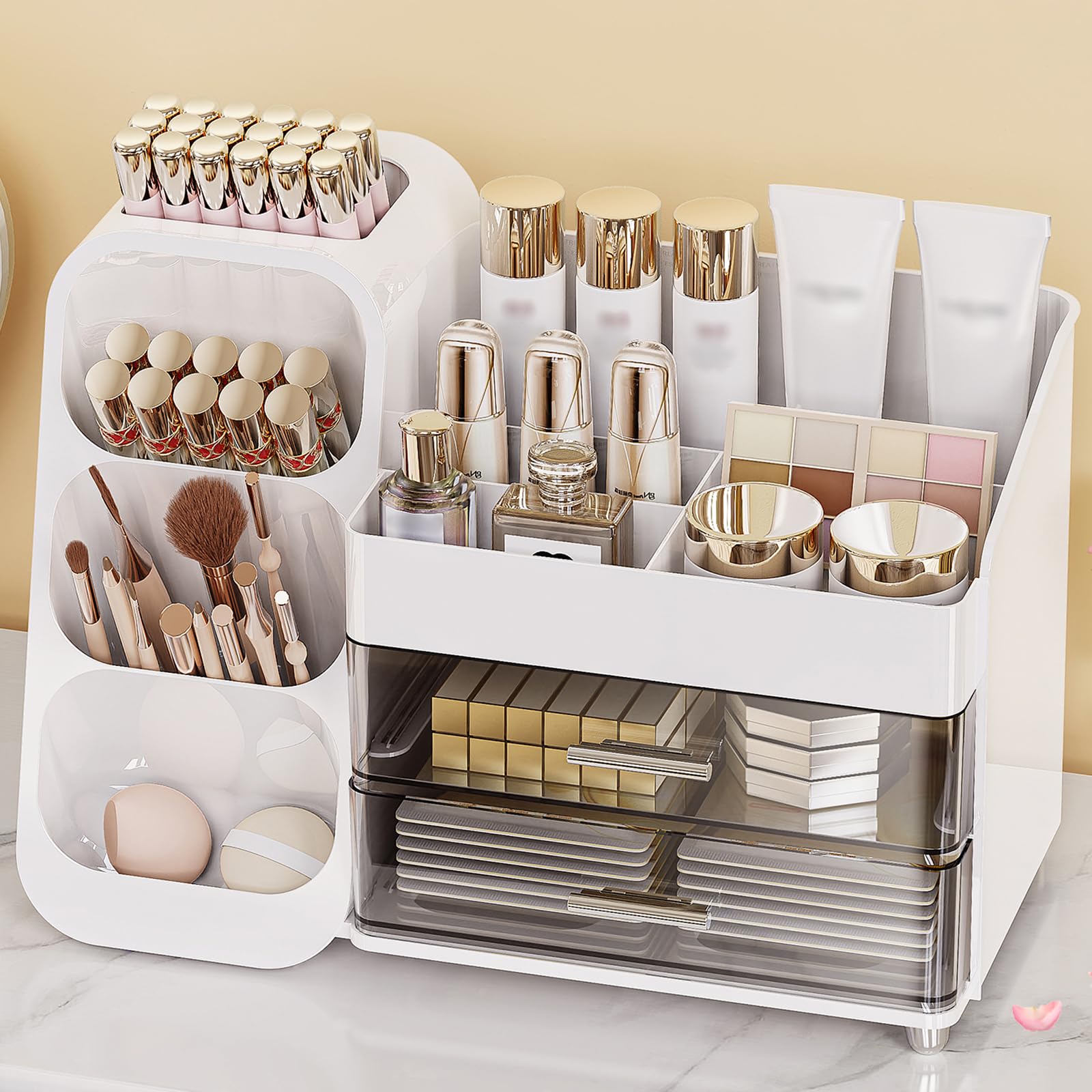 Anylady makeup organizer with drawers in white keeps cosmetics neatly organized and within reach.