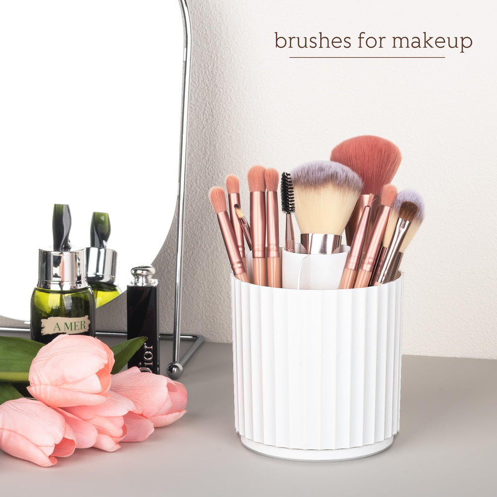 Anyoifax vanity organizer with five compartments keeps cosmetics sorted.