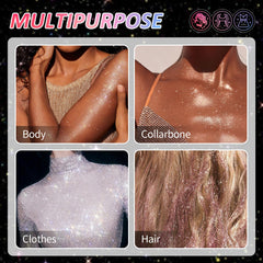 AOAZXBB collarbone glitter spray highlights neckline with natural shine.