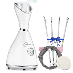 AOEDEO nano-ionic face steamer front view highlights compact home and travel-friendly design.